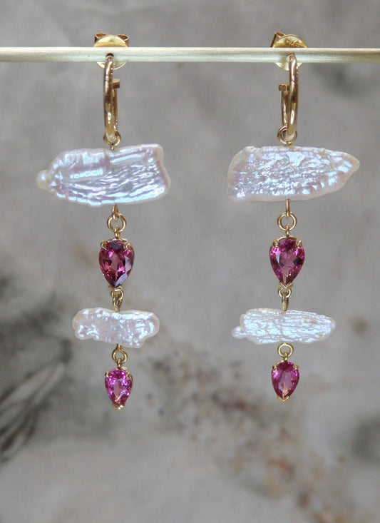 Seraya Chandelier Earrings - Pink Tourmaline & Keshi Pearls
