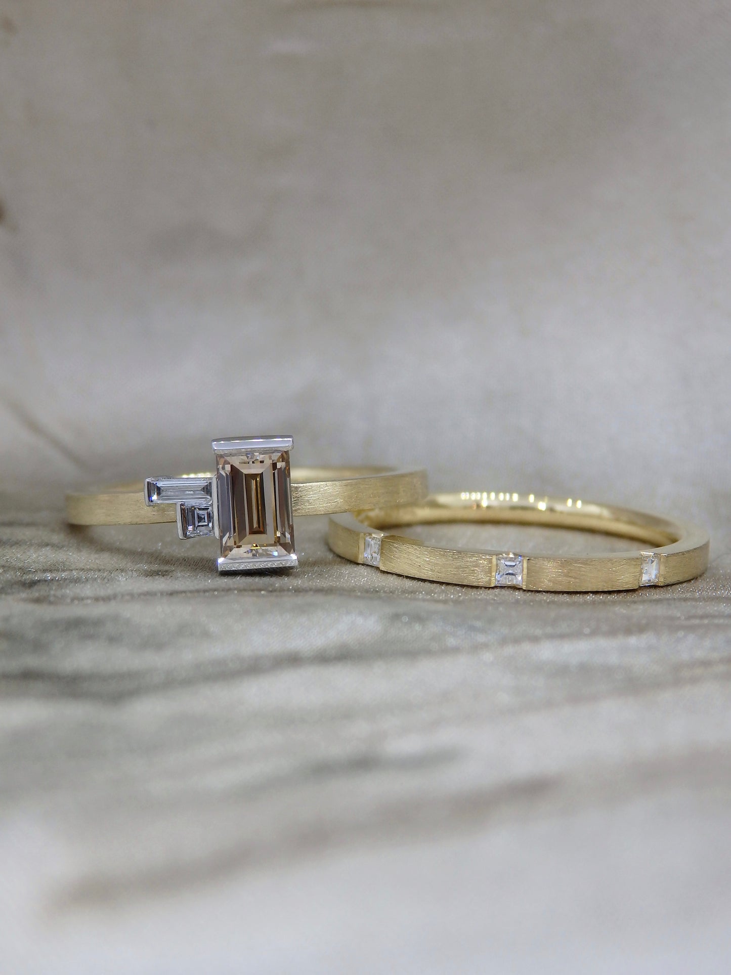 Pillar Steps - Argyle Champagne Baguette Diamond Trilogy Ring