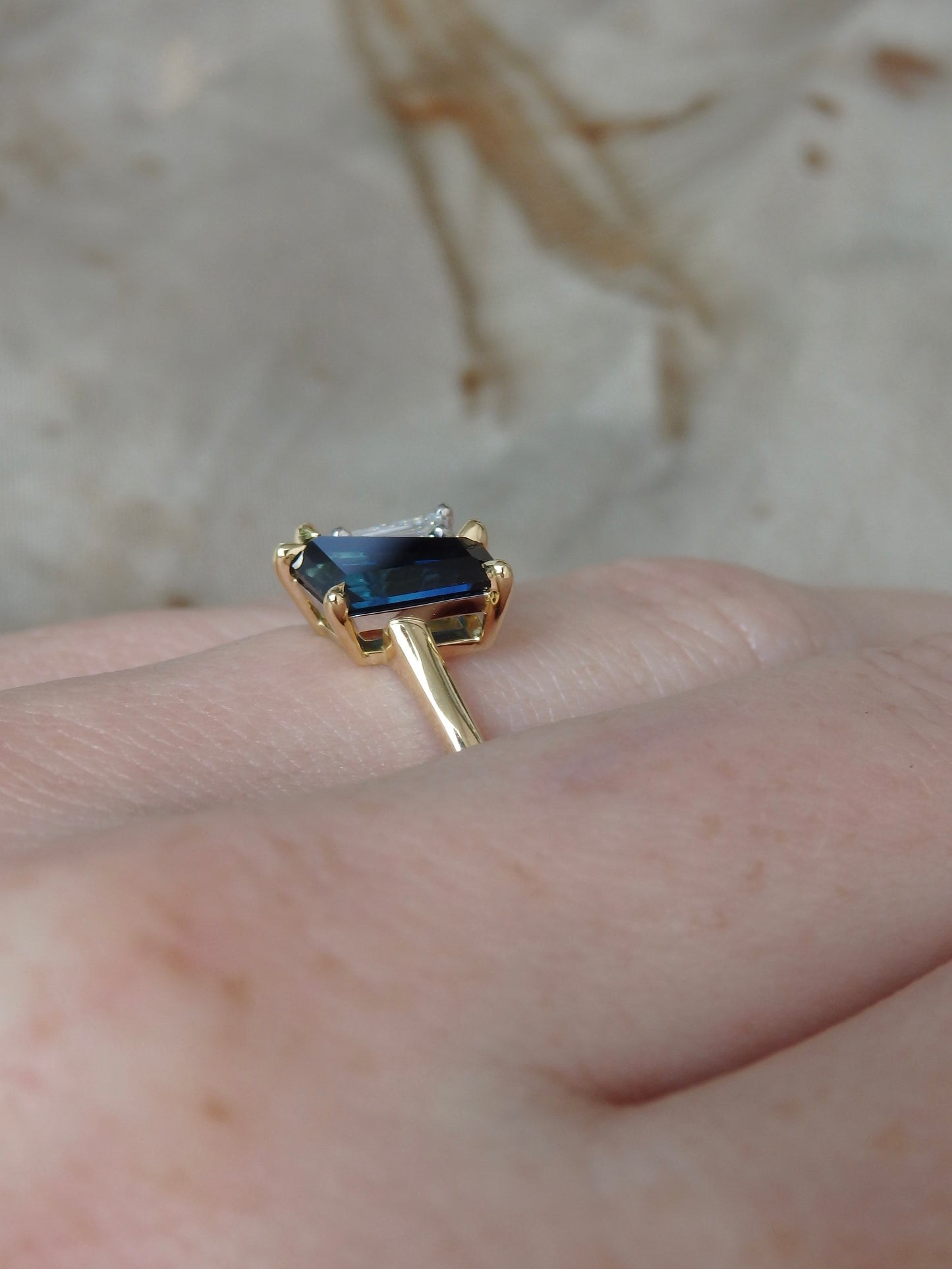 On Hold “Duet” Bedford Hill Blue Freeform Sapphire & Tapered Baguette Diamond Engagement Ring