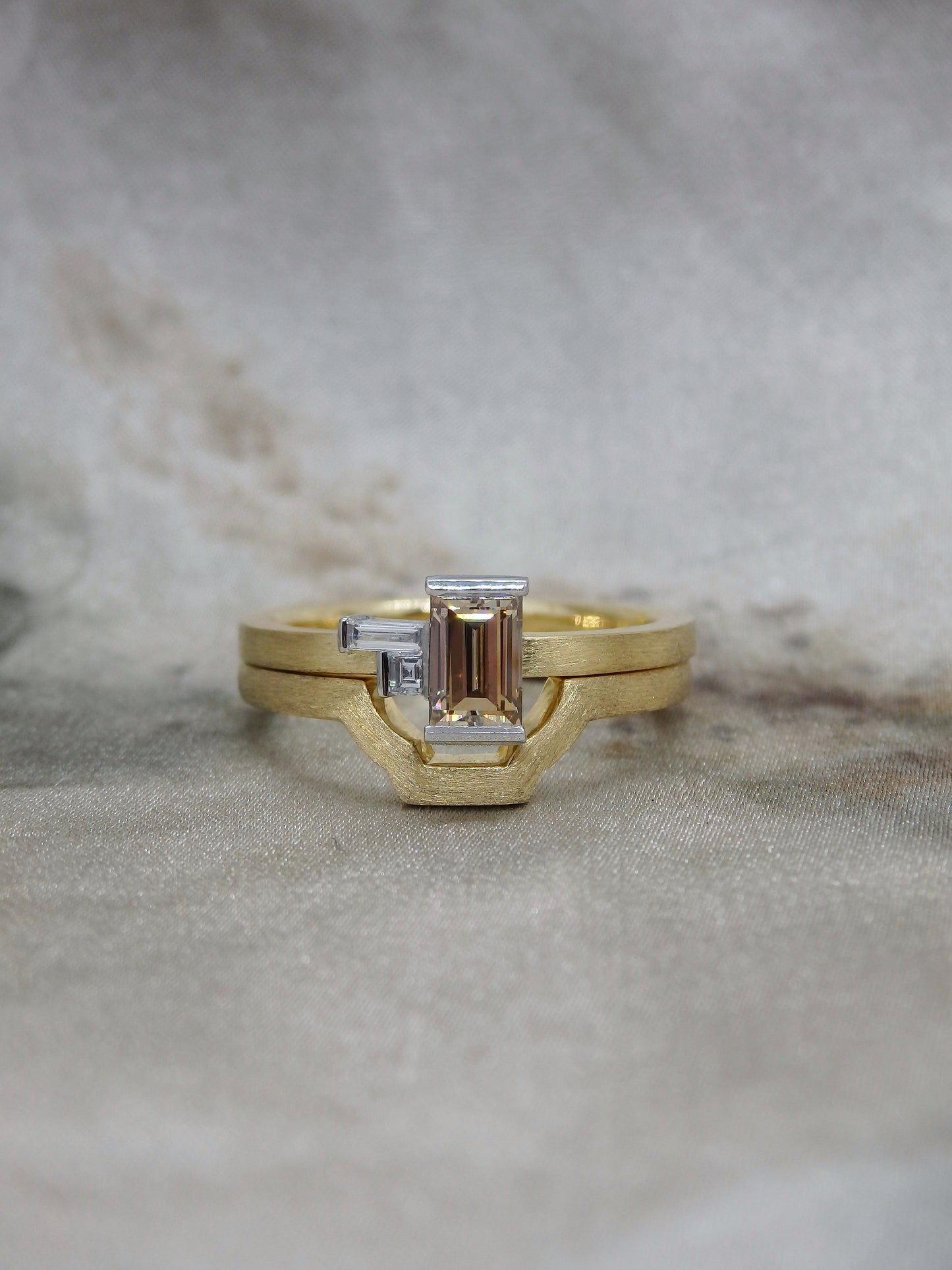 Pillar Steps - Argyle Champagne Baguette Diamond Trilogy Ring