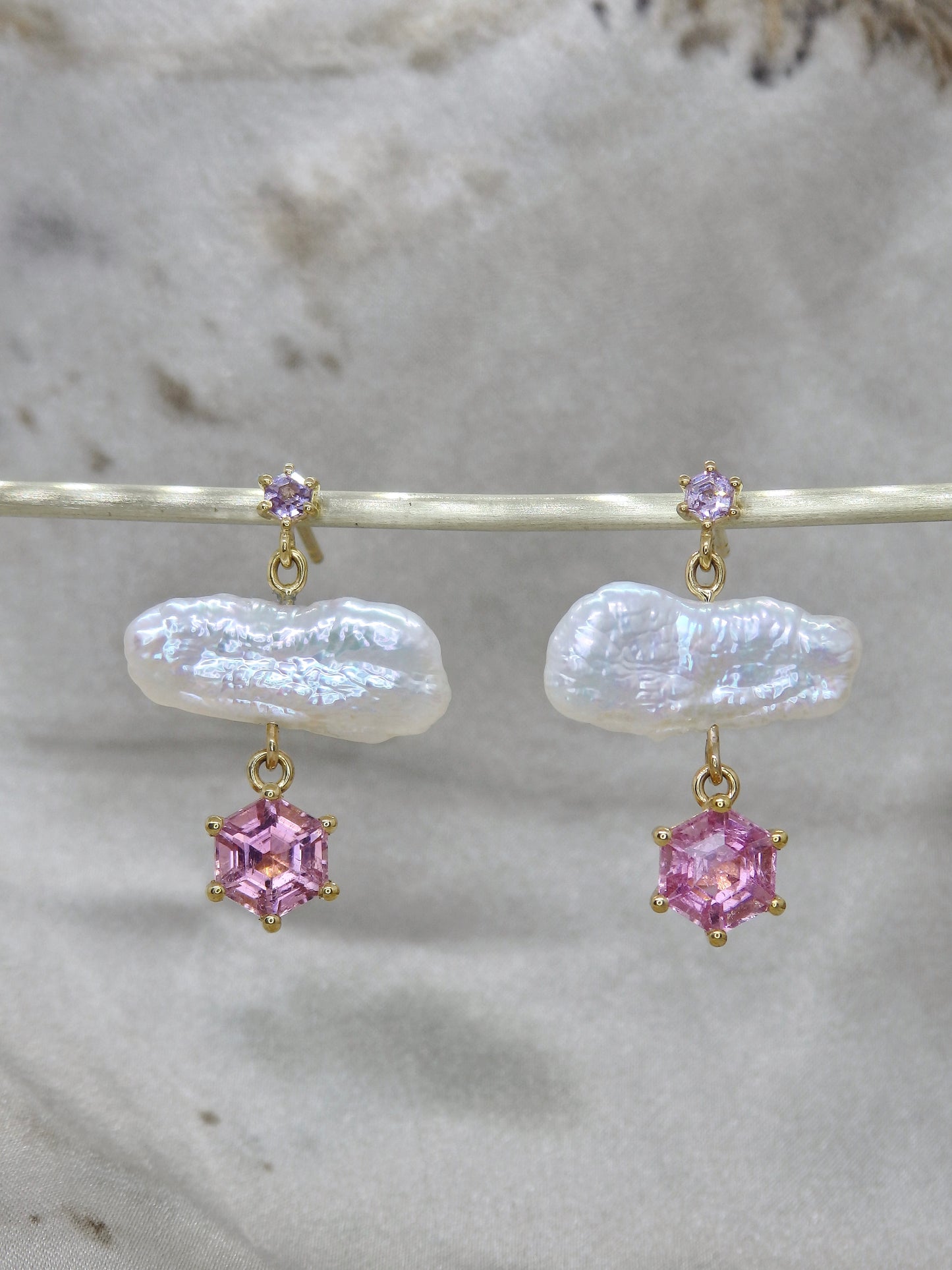 Cirrus Earrings - Pink Hexagonal Spinel & Tourmaline with Keshi Pearls