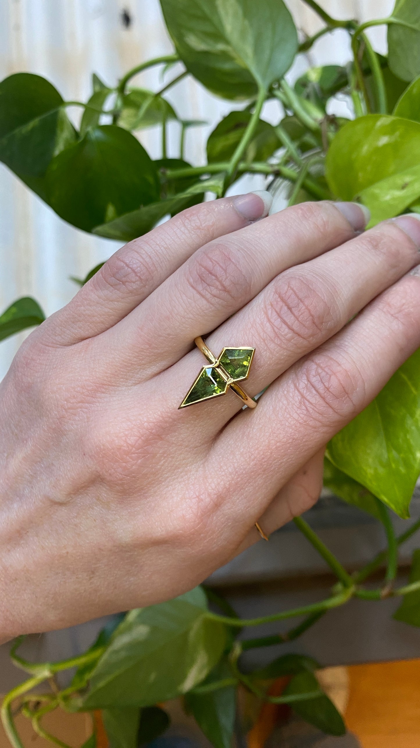 Pentagon Trio, Green Sapphire and Argyle Baguette Diamond Engagement or Dress Ring