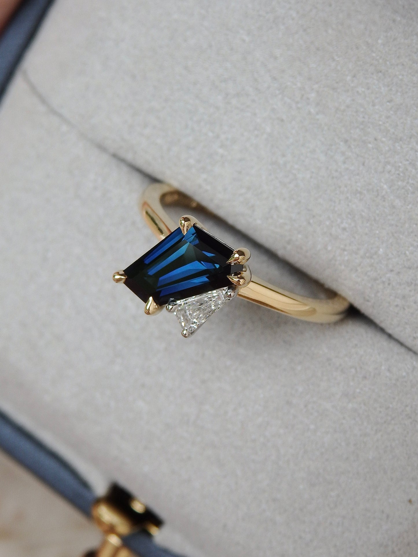 On Hold “Duet” Bedford Hill Blue Freeform Sapphire & Tapered Baguette Diamond Engagement Ring