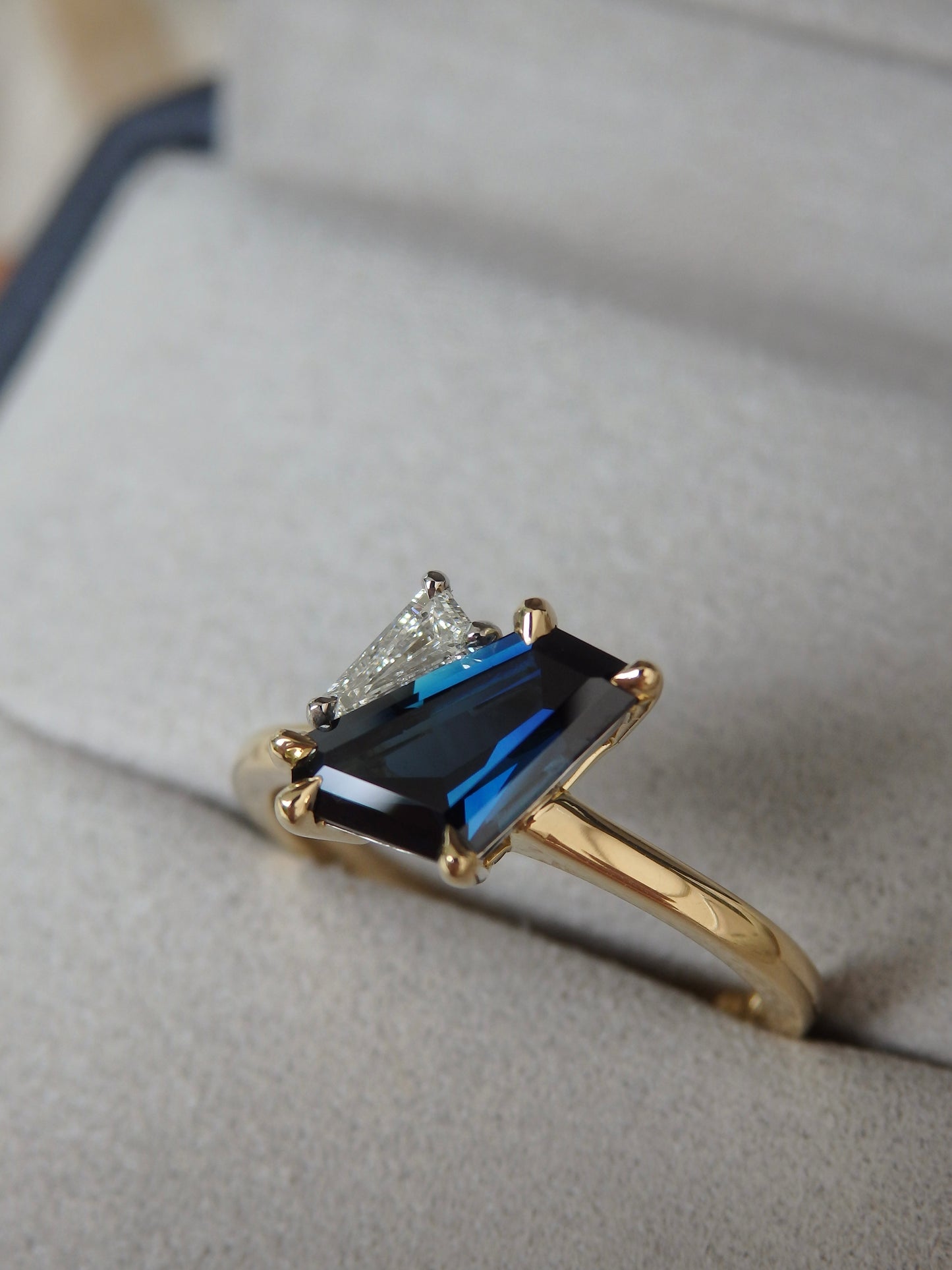 On Hold “Duet” Bedford Hill Blue Freeform Sapphire & Tapered Baguette Diamond Engagement Ring