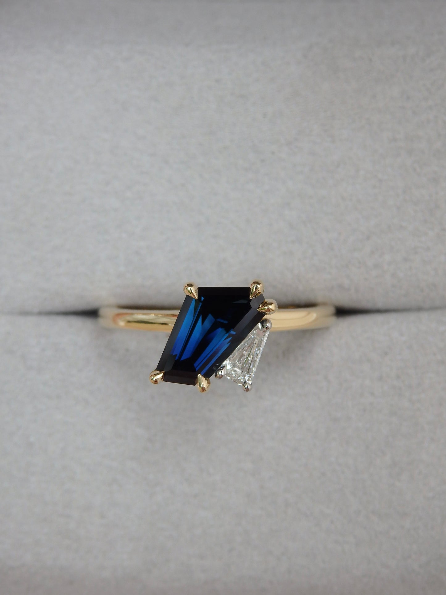 On Hold “Duet” Bedford Hill Blue Freeform Sapphire & Tapered Baguette Diamond Engagement Ring