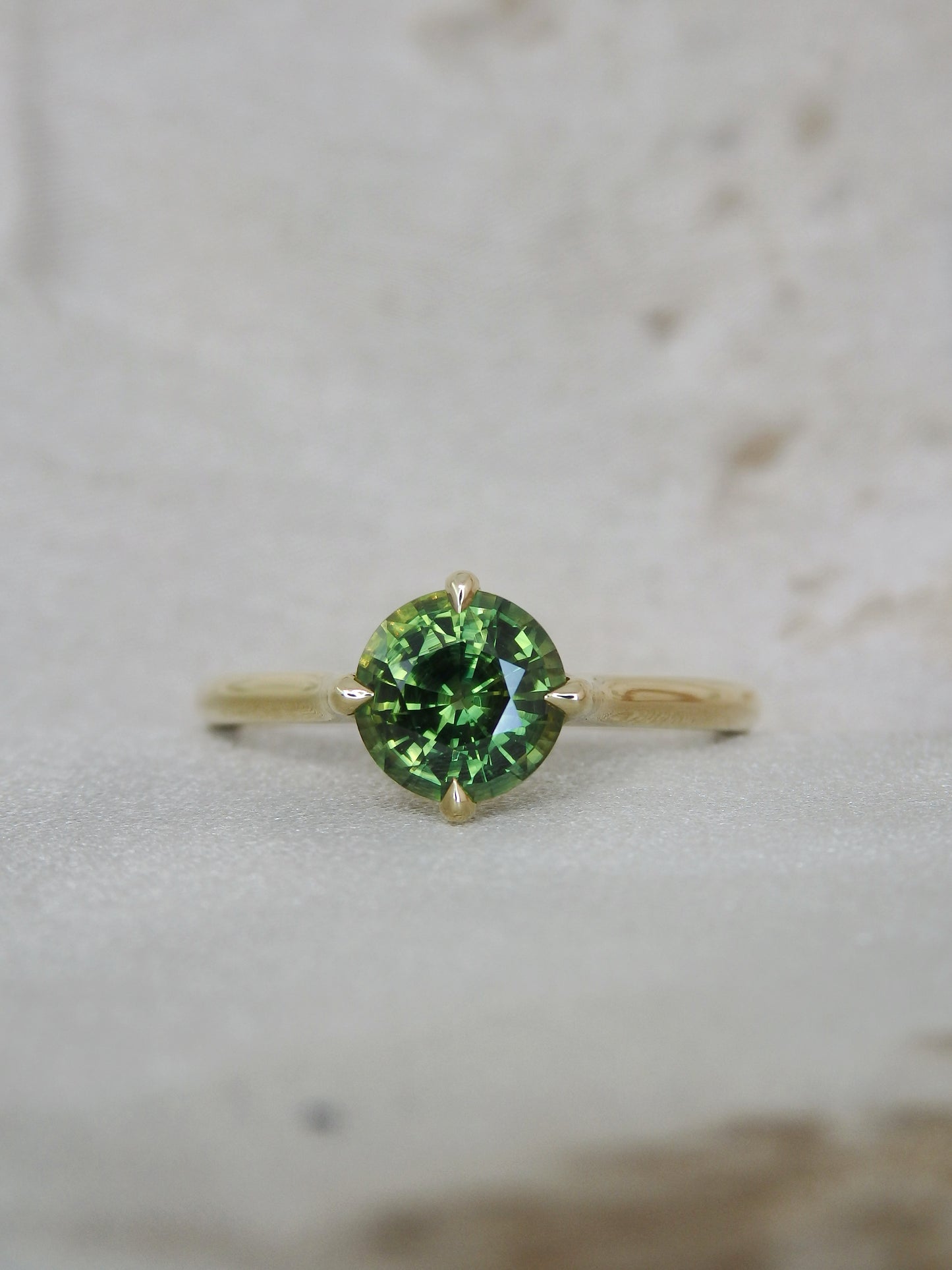 1.42ct Round Green Australian Sapphire “Lucy” Solitaire Engagement Ring in 18ct Yellow gold