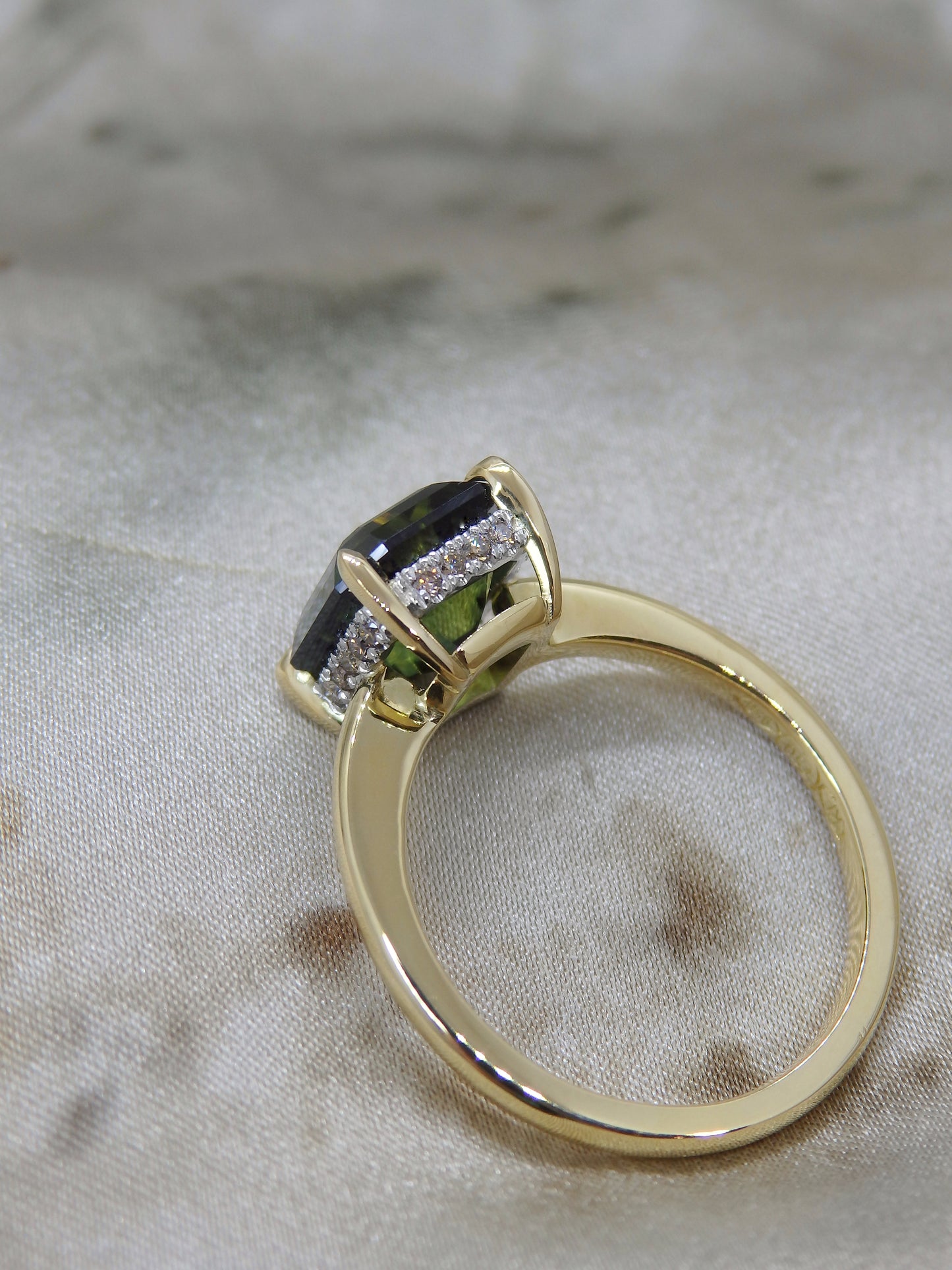 “Eris” 3.53ct Emerald Cut Green Australian Sapphire Hidden Halo Engagement Ring