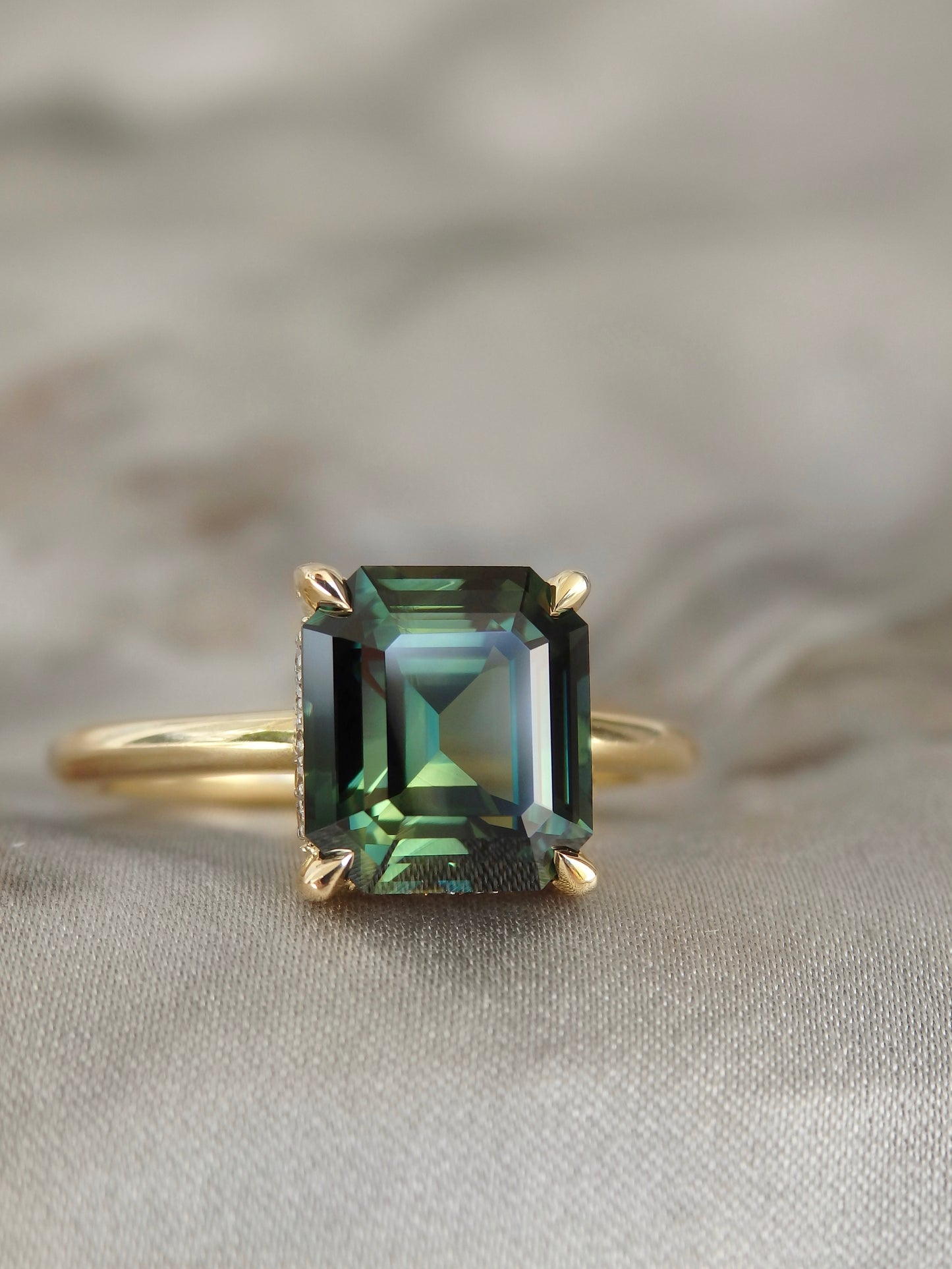 “Eris” 3.53ct Emerald Cut Green Australian Sapphire Hidden Halo Engagement Ring