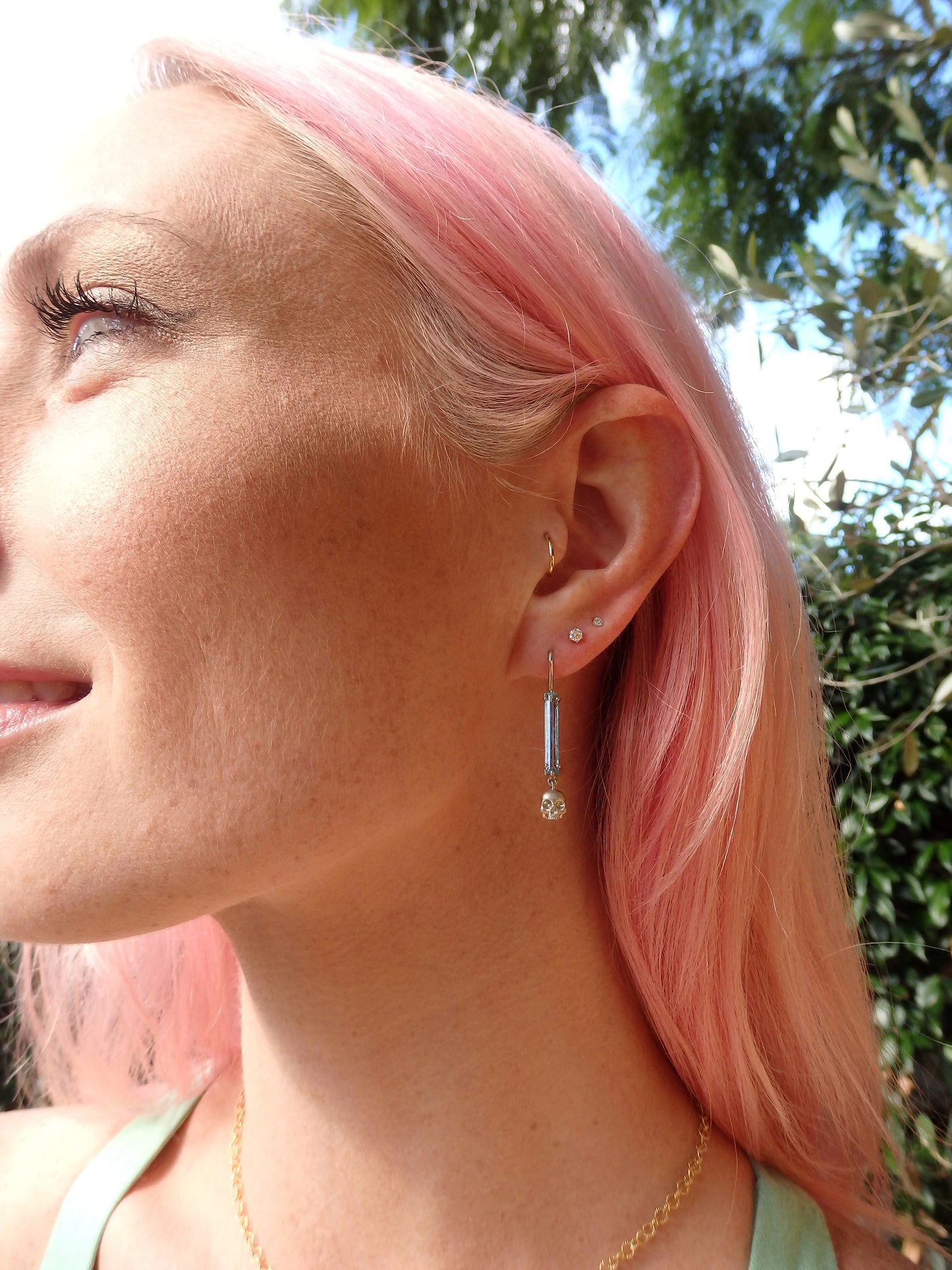 Baguette Aquamarine Skull Drop Earrings by Hugh Thyregod