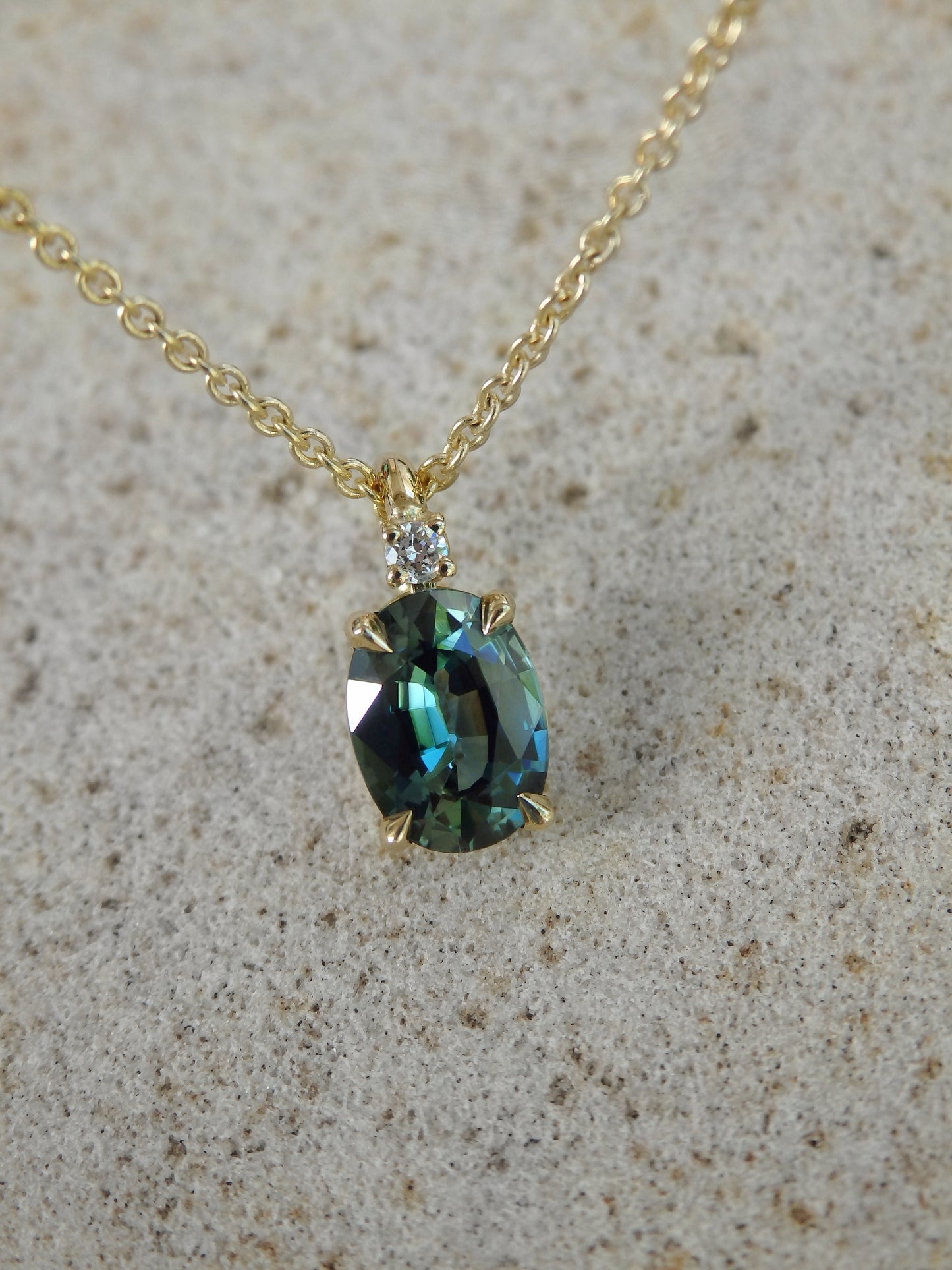 Oval Teal Australian Sapphire & Diamond Pendant, 18ct Yellow Gold