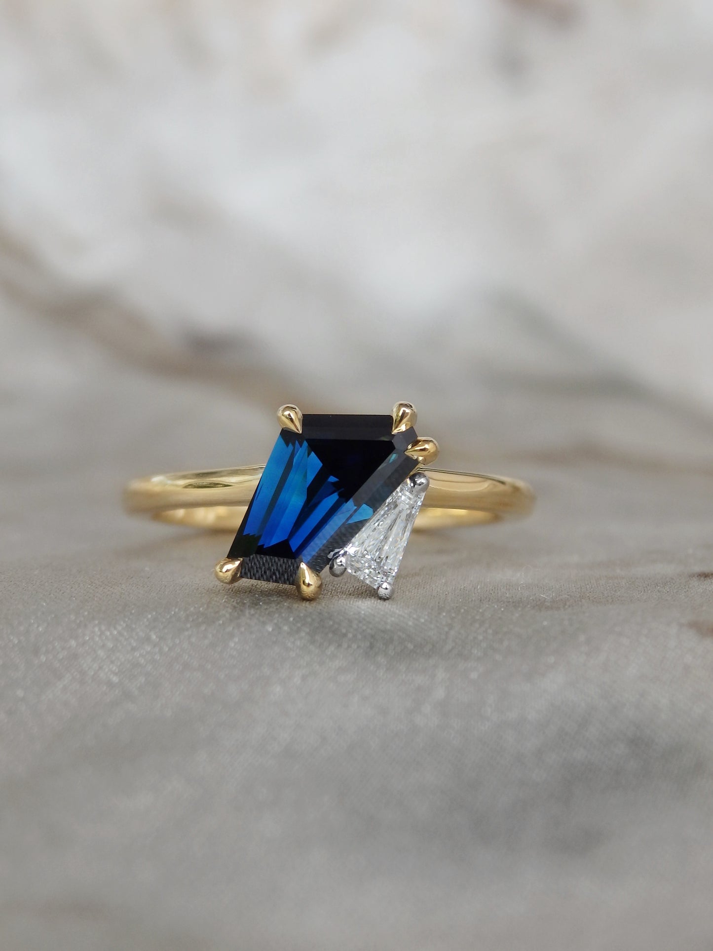 On Hold “Duet” Bedford Hill Blue Freeform Sapphire & Tapered Baguette Diamond Engagement Ring