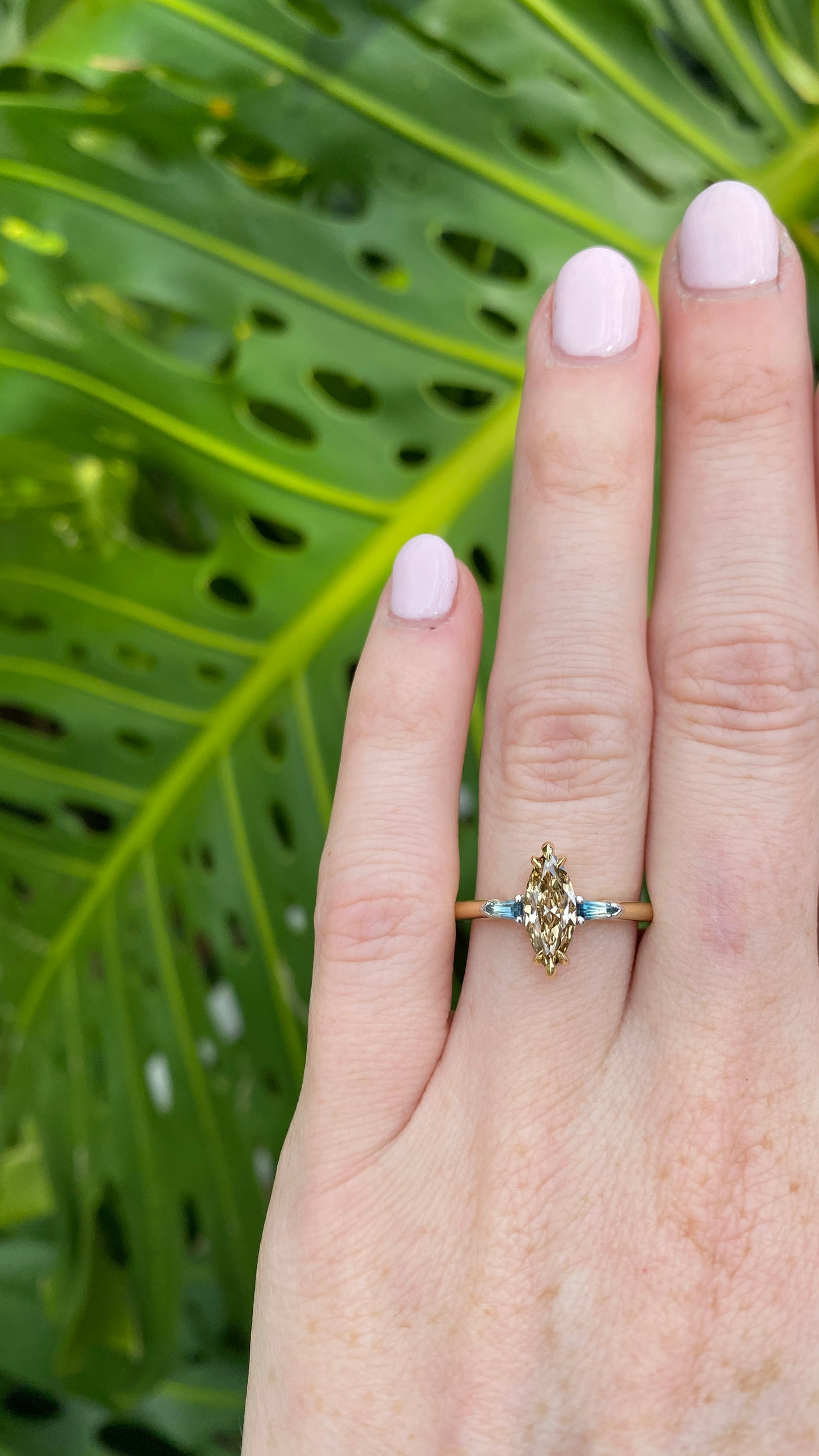 Driftwood 1 - “Cellito” Argyle Marquise Champagne Diamond & Ombré Australian Parti Sapphire Trilogy Engagement Ring