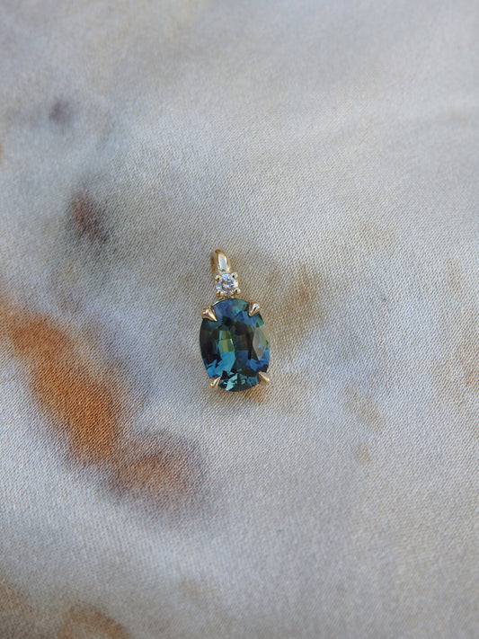 Oval Teal Australian Sapphire & Diamond Pendant, 18ct Yellow Gold
