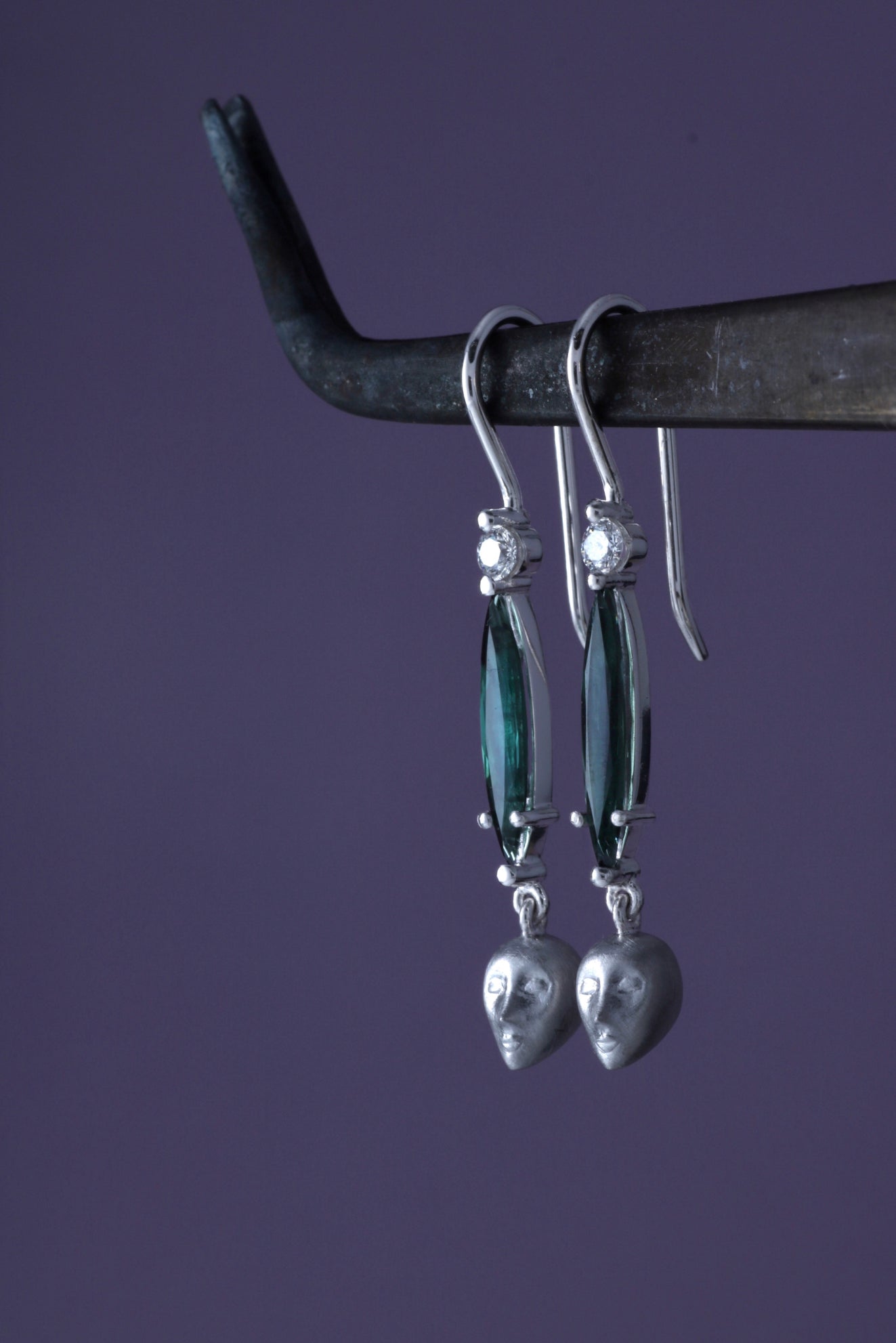 Teal Tourmaline & Diamond “Julia” Face Drop Earrings in Platinum by Hugh Thyregod