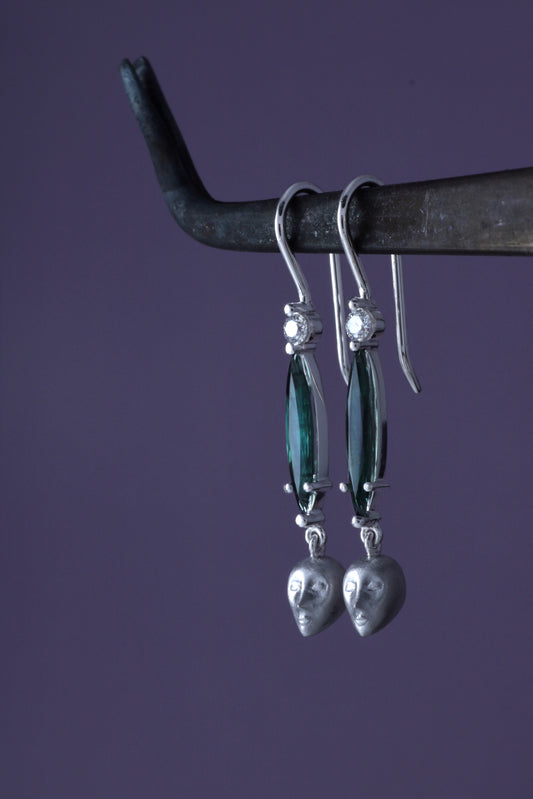 Teal Tourmaline & Diamond “Julia” Face Drop Earrings in Platinum by Hugh Thyregod