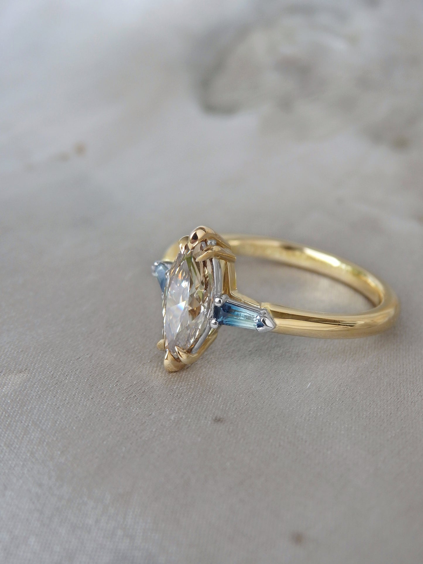 Driftwood 1 - “Cellito” Argyle Marquise Champagne Diamond & Ombré Australian Parti Sapphire Trilogy Engagement Ring