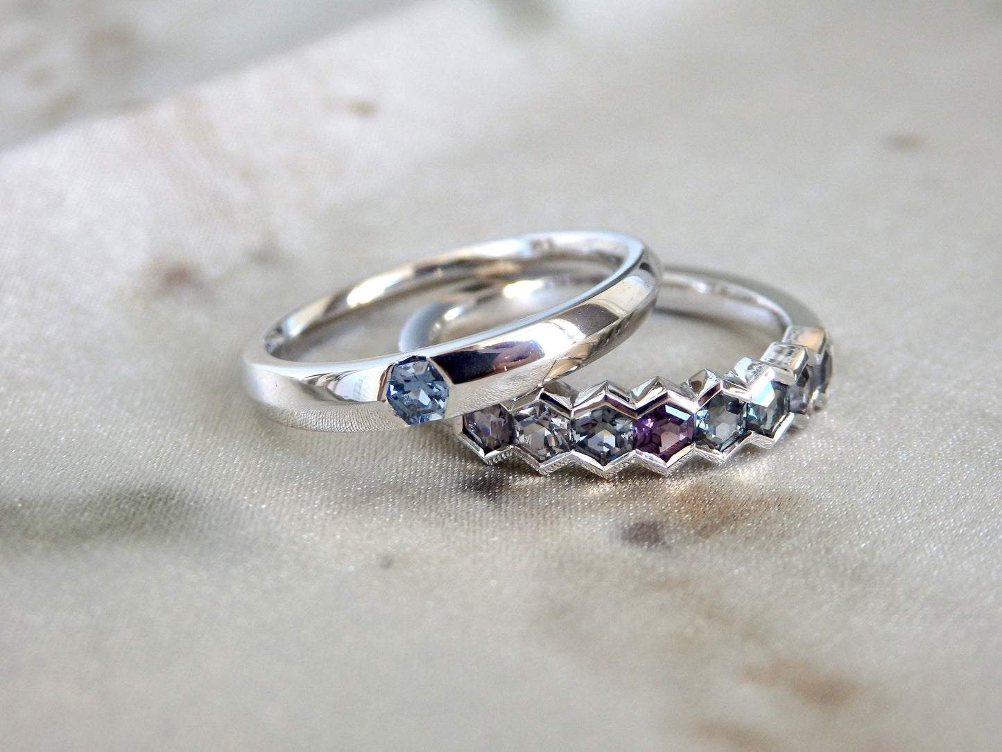 "Winter" Hexagonal Spinel Ring, Platinum Knife-Edge Band