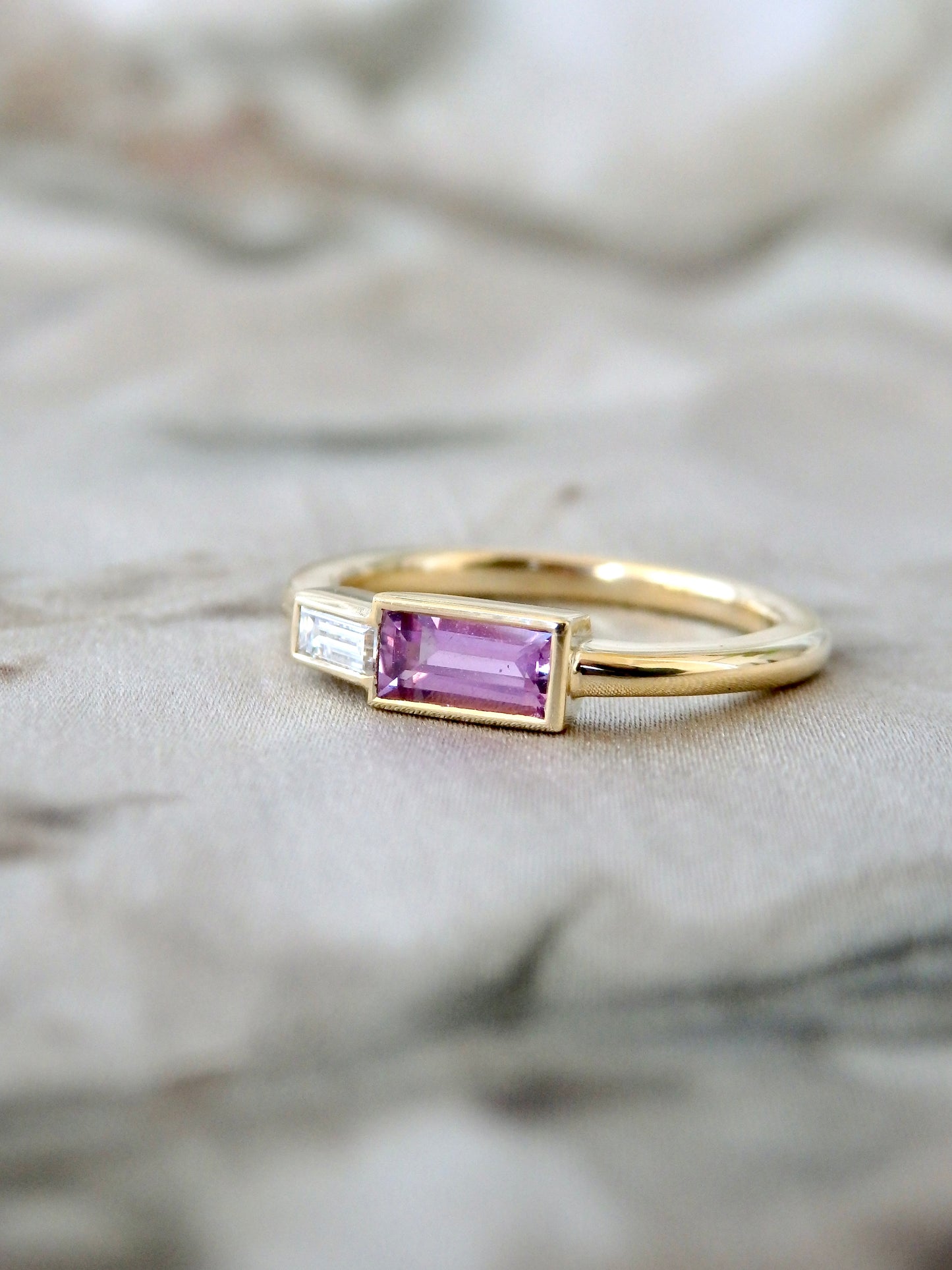 Pink Sapphire & White Diamond Baguette “Duet” Toi Et Moi Engagement or Wedding Ring