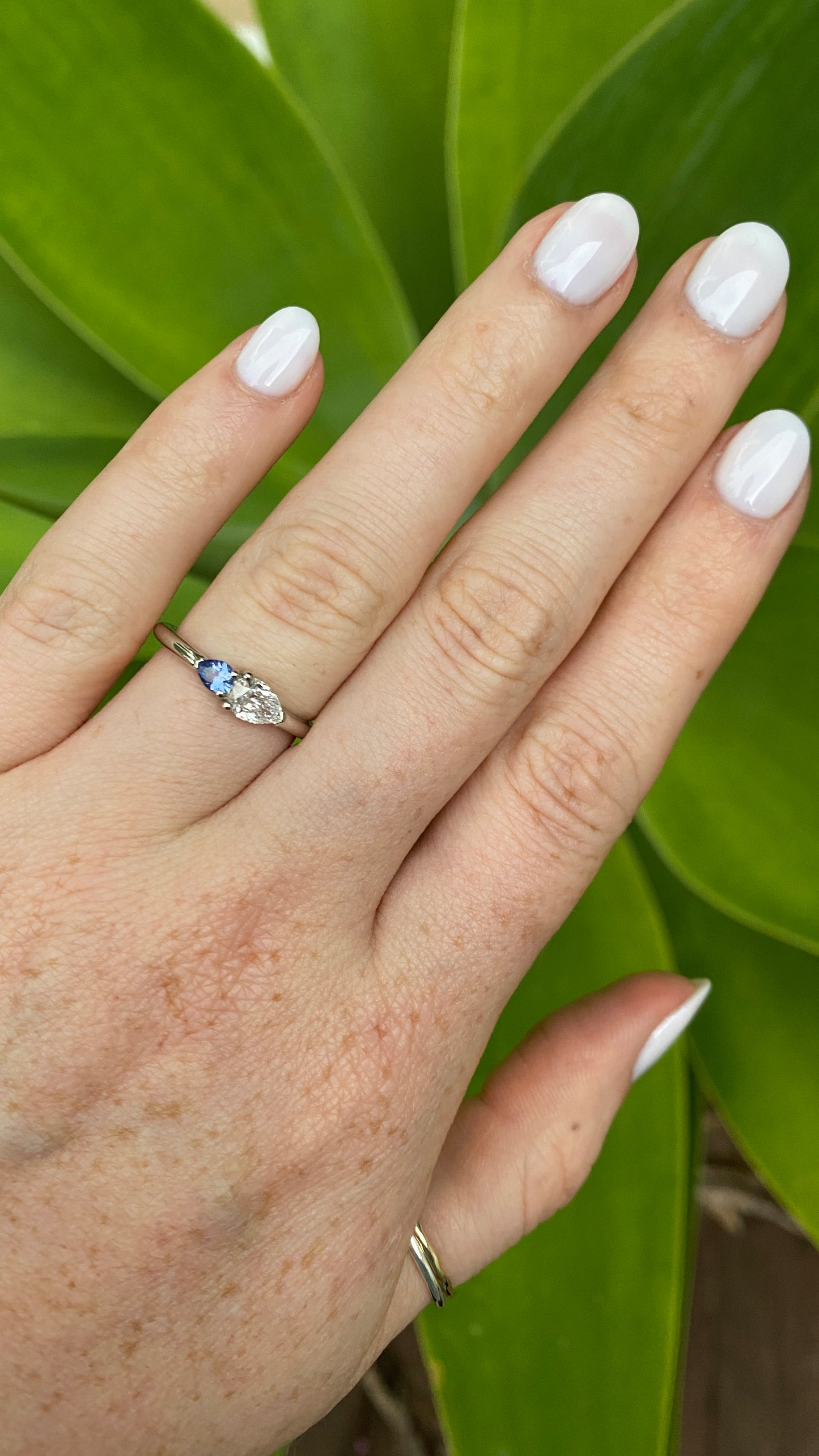 Platinum Pear “Duet”, 0.40ct EVS1 Diamond & Ceylon Sapphire Engagement Ring