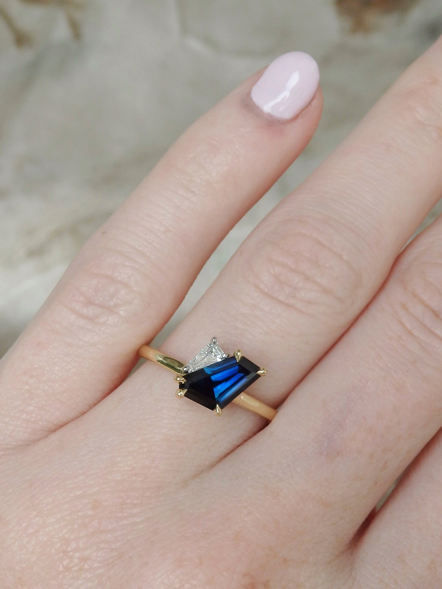 On Hold “Duet” Bedford Hill Blue Freeform Sapphire & Tapered Baguette Diamond Engagement Ring