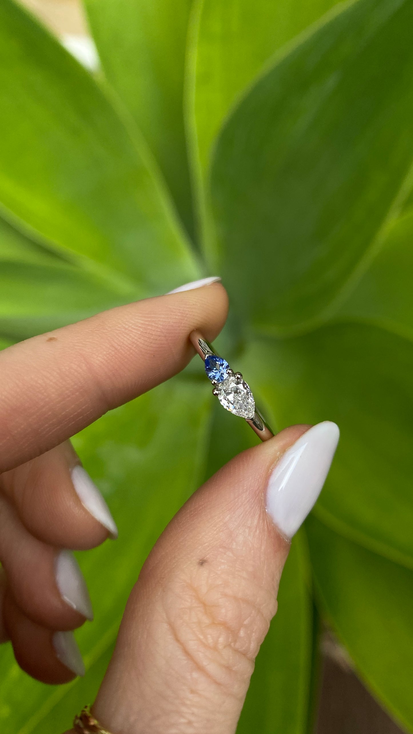 Platinum Pear “Duet”, 0.40ct EVS1 Diamond & Ceylon Sapphire Engagement Ring