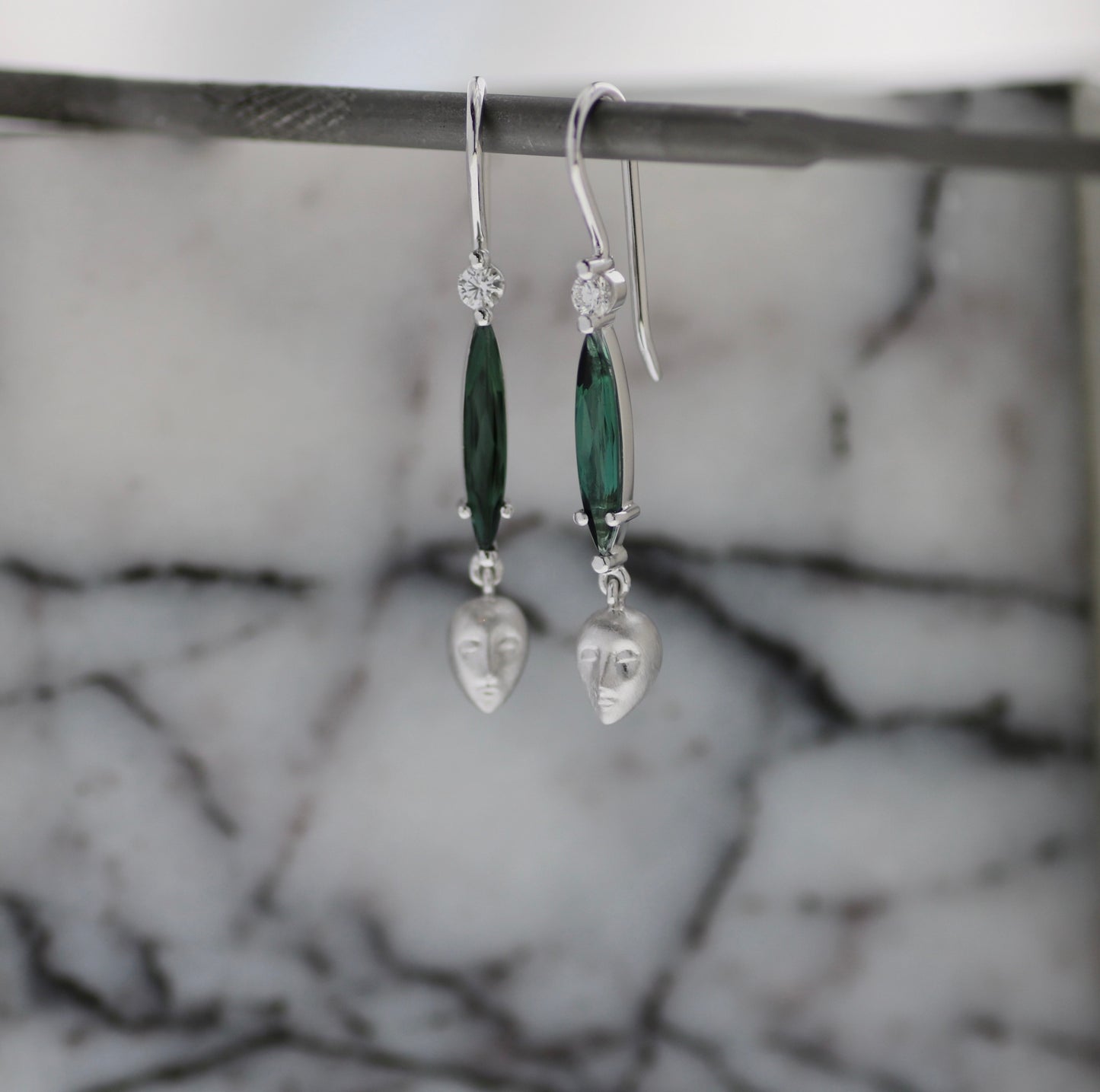 Teal Tourmaline & Diamond “Julia” Face Drop Earrings in Platinum by Hugh Thyregod