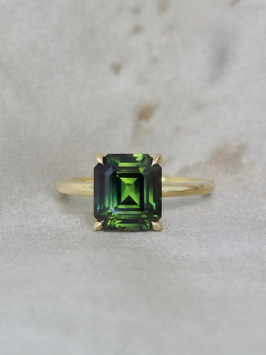 “Eris” 3.53ct Emerald Cut Green Australian Sapphire Hidden Halo Engagement Ring