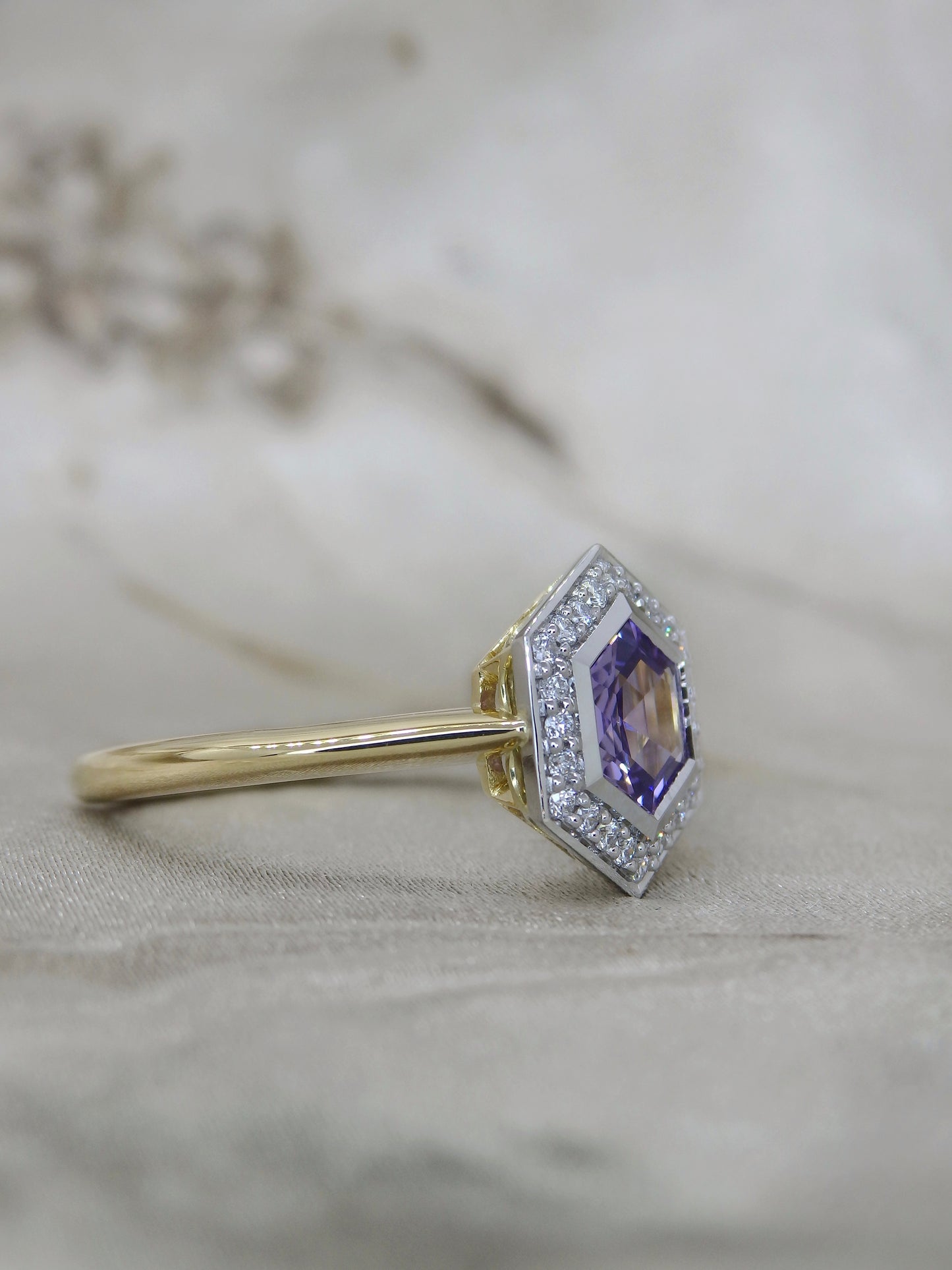 Manor - Unheated Lilac Hexagon Sapphire Halo Ring