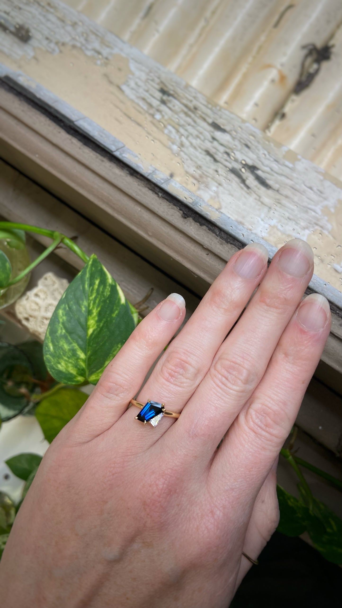 “Duet” Bedford Hill Blue Freeform Sapphire & Tapered Baguette Diamond Engagement Ring