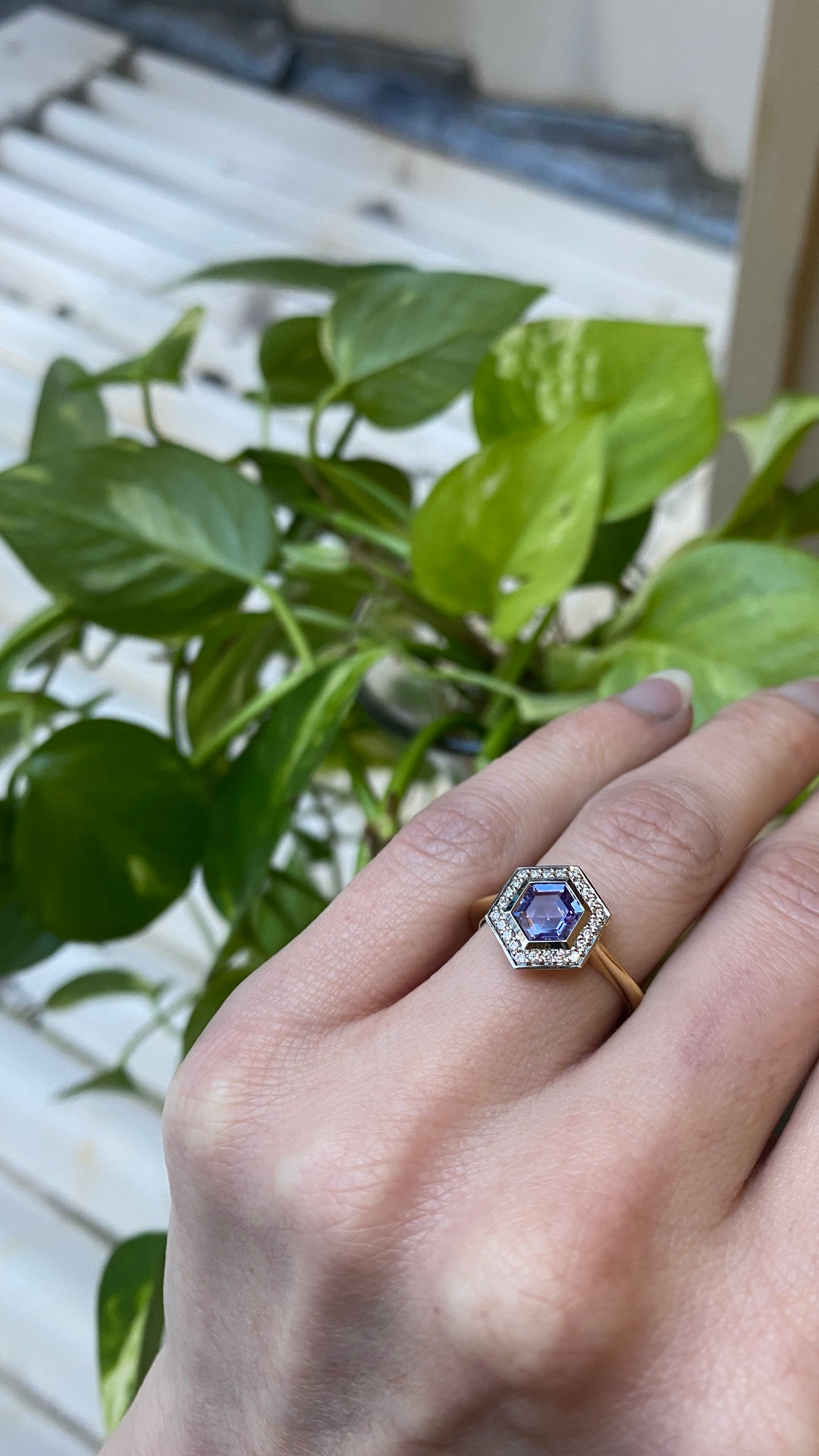 Manor - Unheated Lilac Hexagon Sapphire Halo Ring