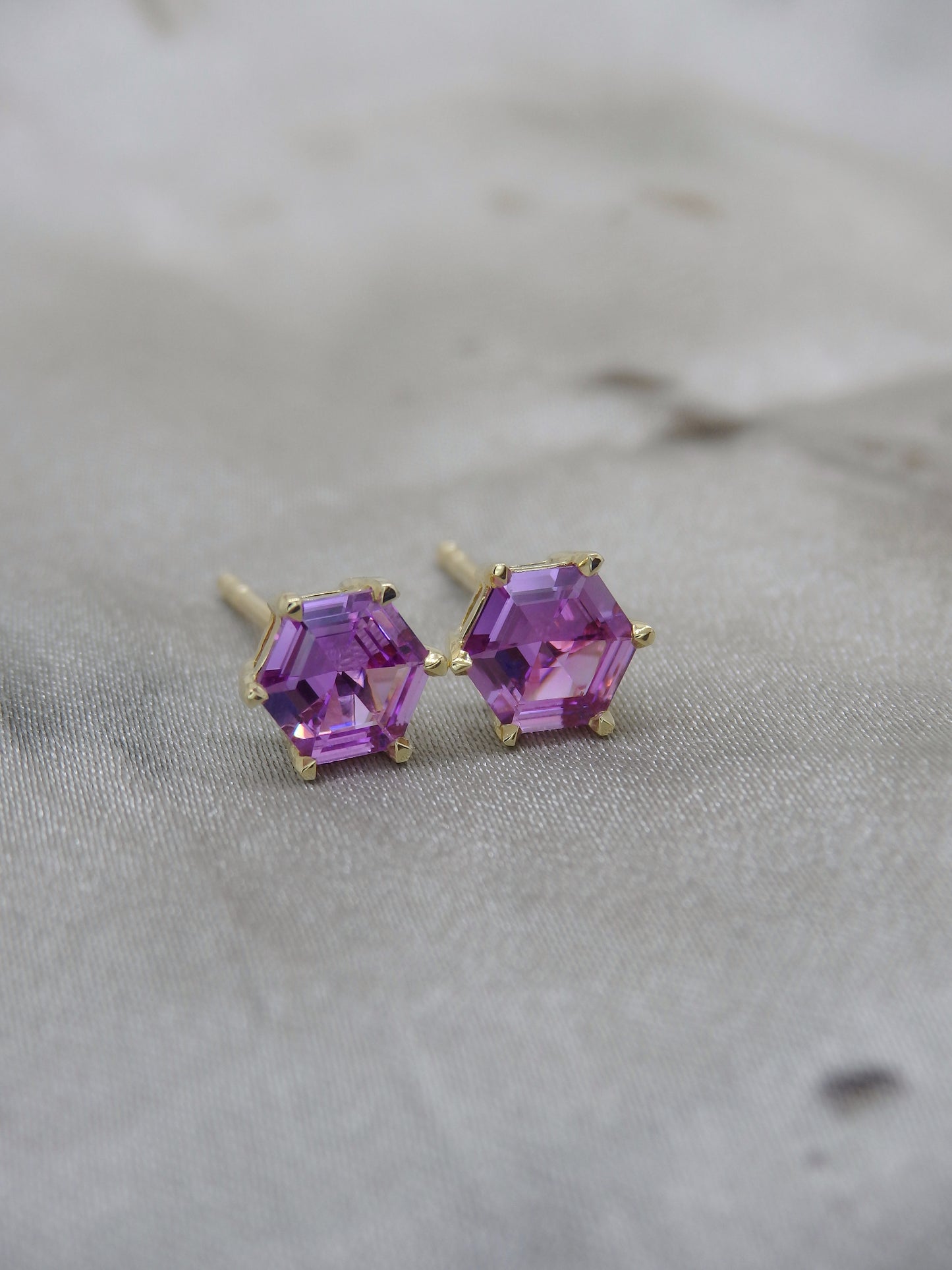 Hexagon Studs - Pink Sapphire