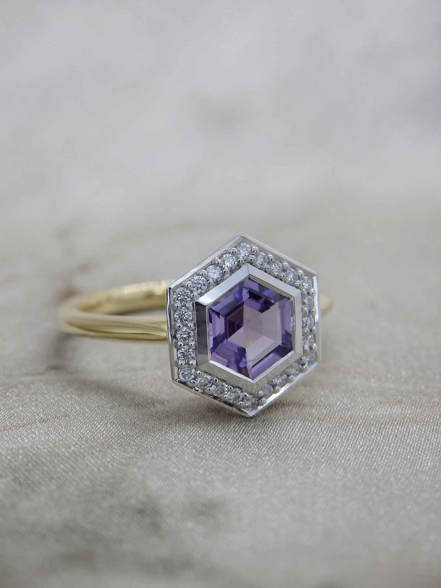 Manor - Unheated Lilac Hexagon Sapphire Halo Ring