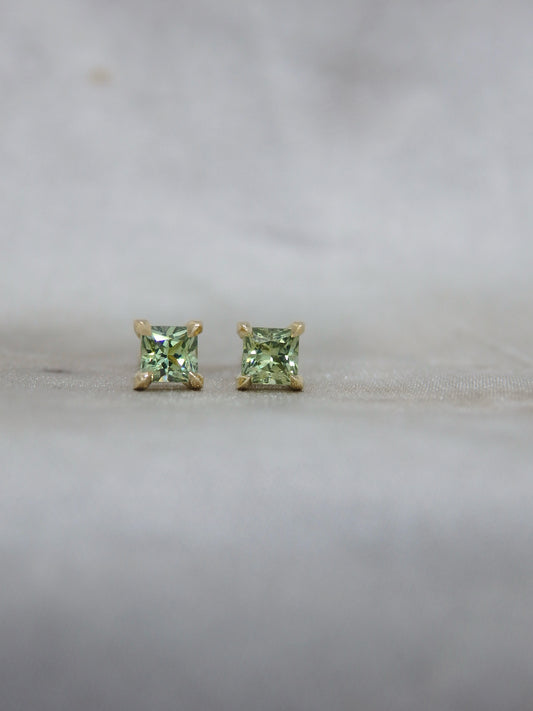 18ct Princess Cut Green Australian Sapphire Stud Earrings