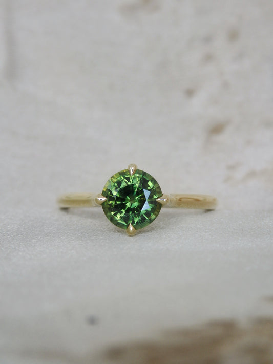 1.42ct Round Green Australian Sapphire “Lucy” Solitaire Engagement Ring in 18ct Yellow gold
