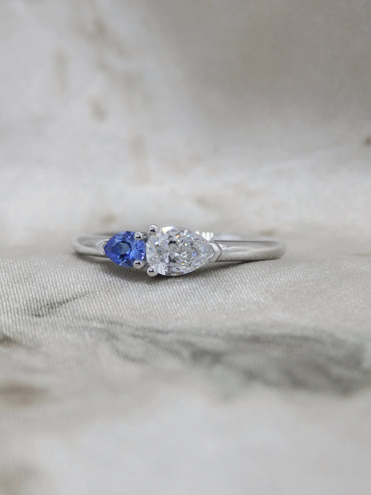 Platinum Pear “Duet”, 0.40ct EVS1 Diamond & Ceylon Sapphire Engagement Ring