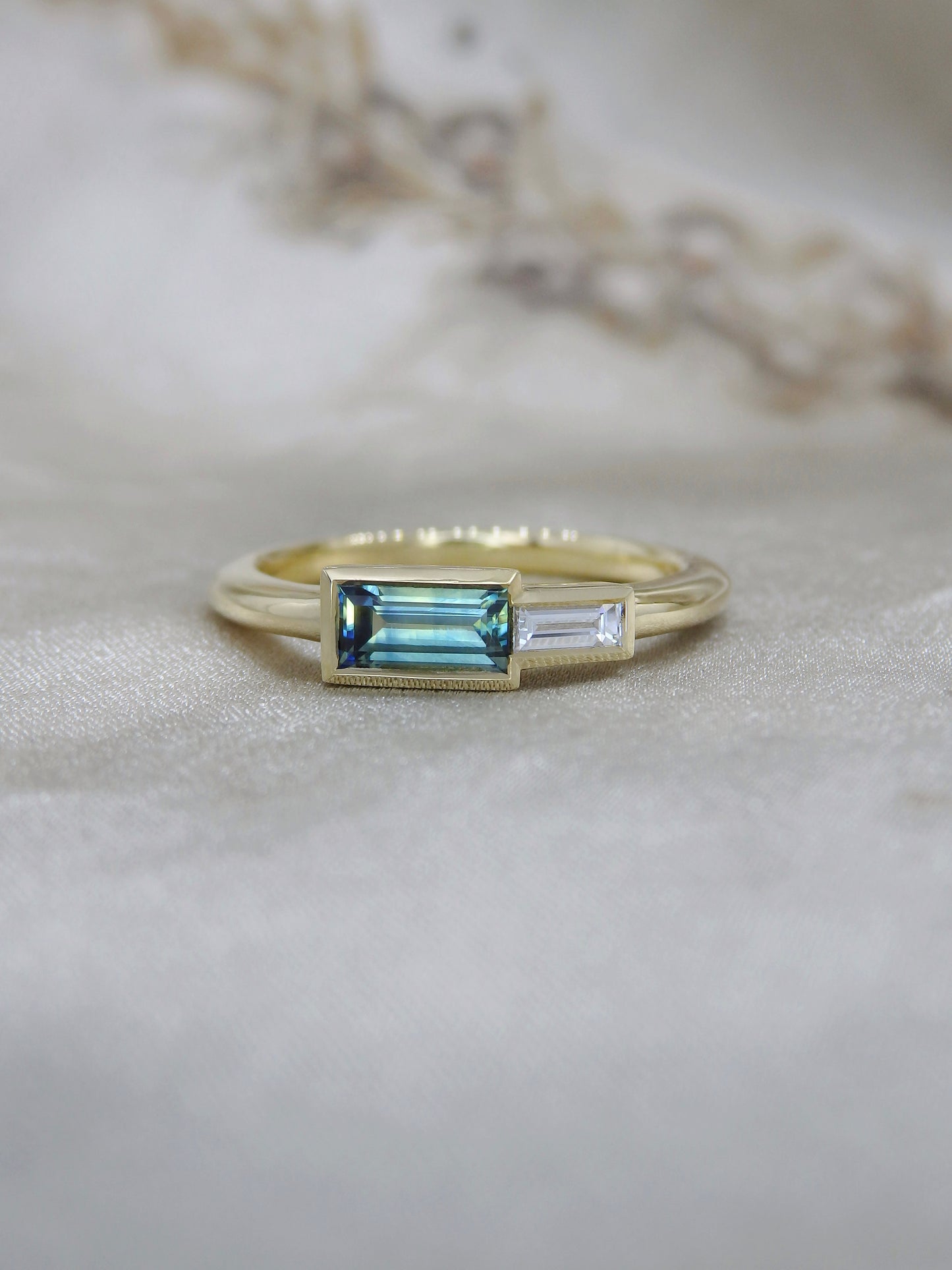 Teal Sapphire & Diamond Baguette Duet Ring