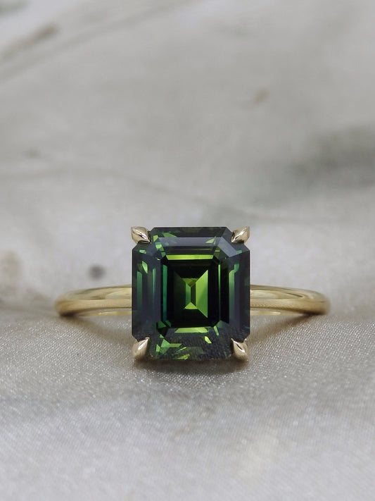 “Eris” 3.53ct Emerald Cut Green Australian Sapphire Hidden Halo Engagement Ring