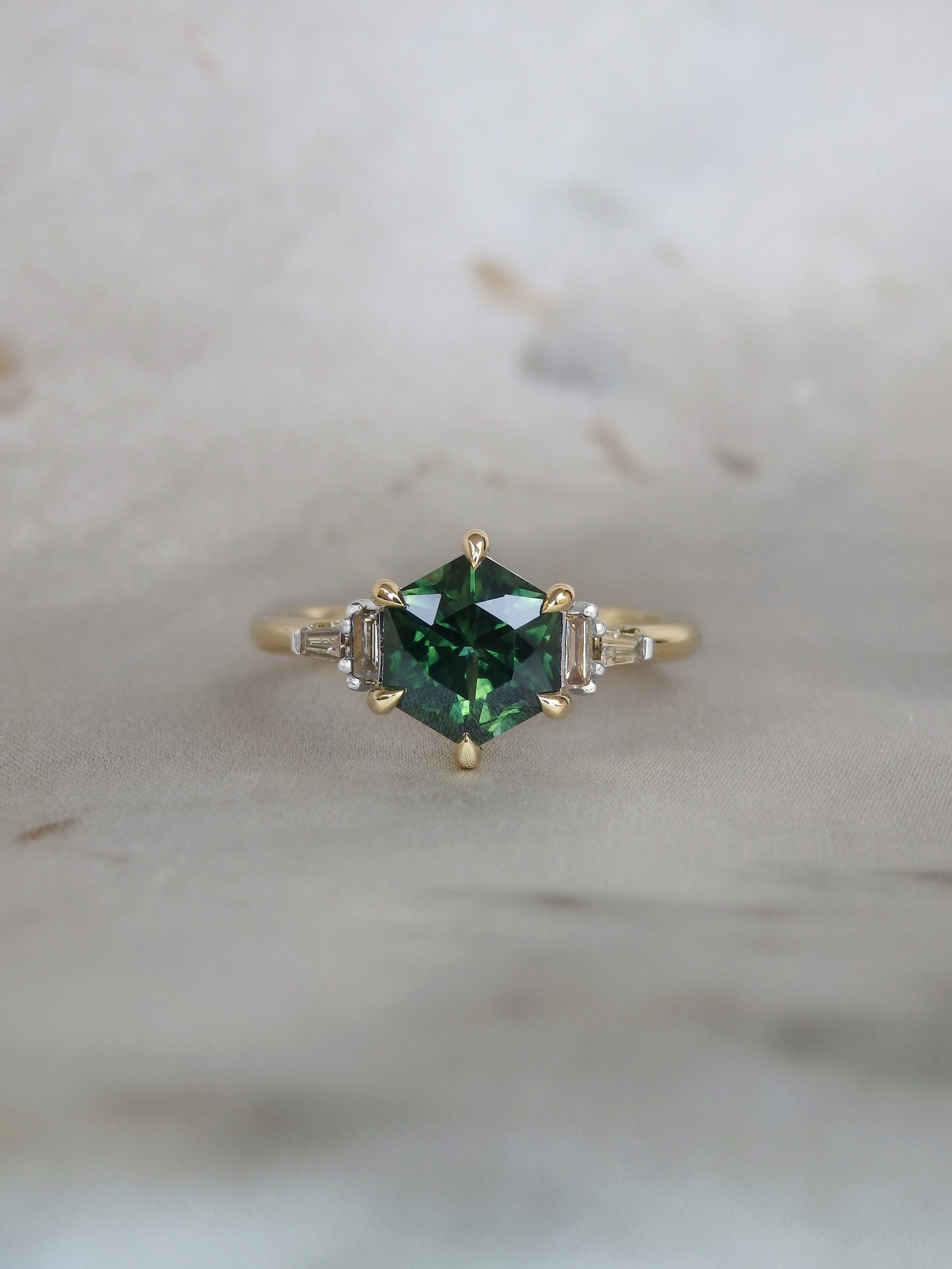 “Detritus” Green Hexagon Australian Sapphire & Argyle Baguette Diamond Engagement Ring