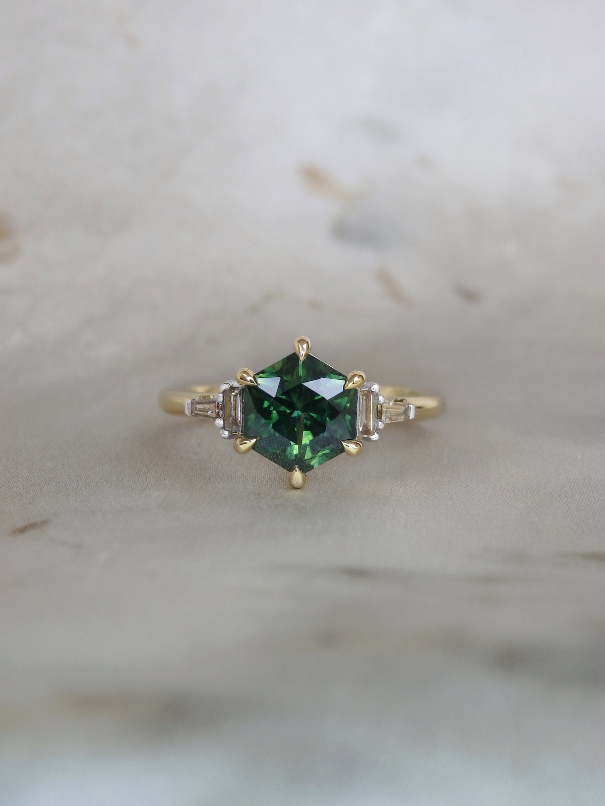 “Detritus” Green Hexagon Australian Sapphire &amp; Argyle Baguette Diamond Engagement Ring