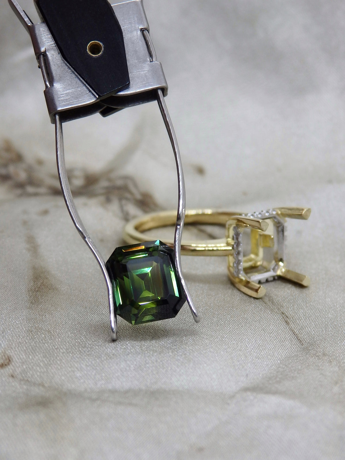 “Eris” 3.53ct Emerald Cut Green Australian Sapphire Hidden Halo Engagement Ring