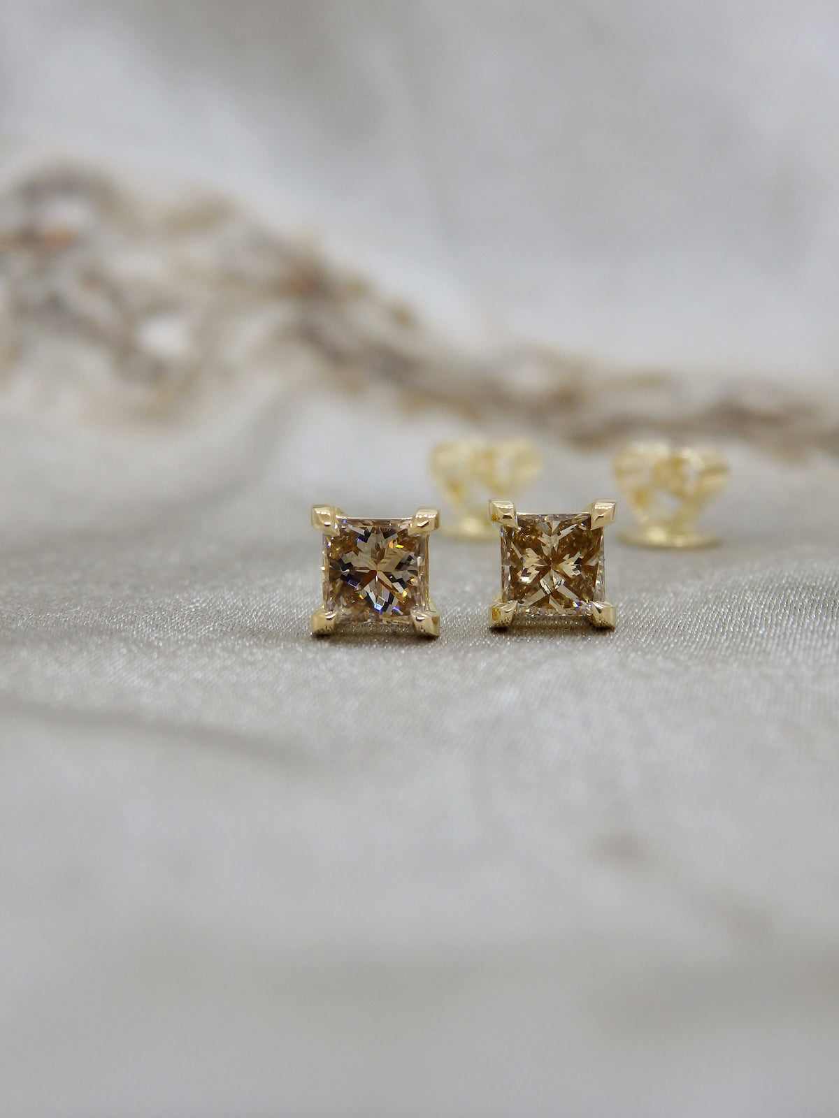 18ct Princess Cut Champagne Australian Argyle Diamond Stud Earrings