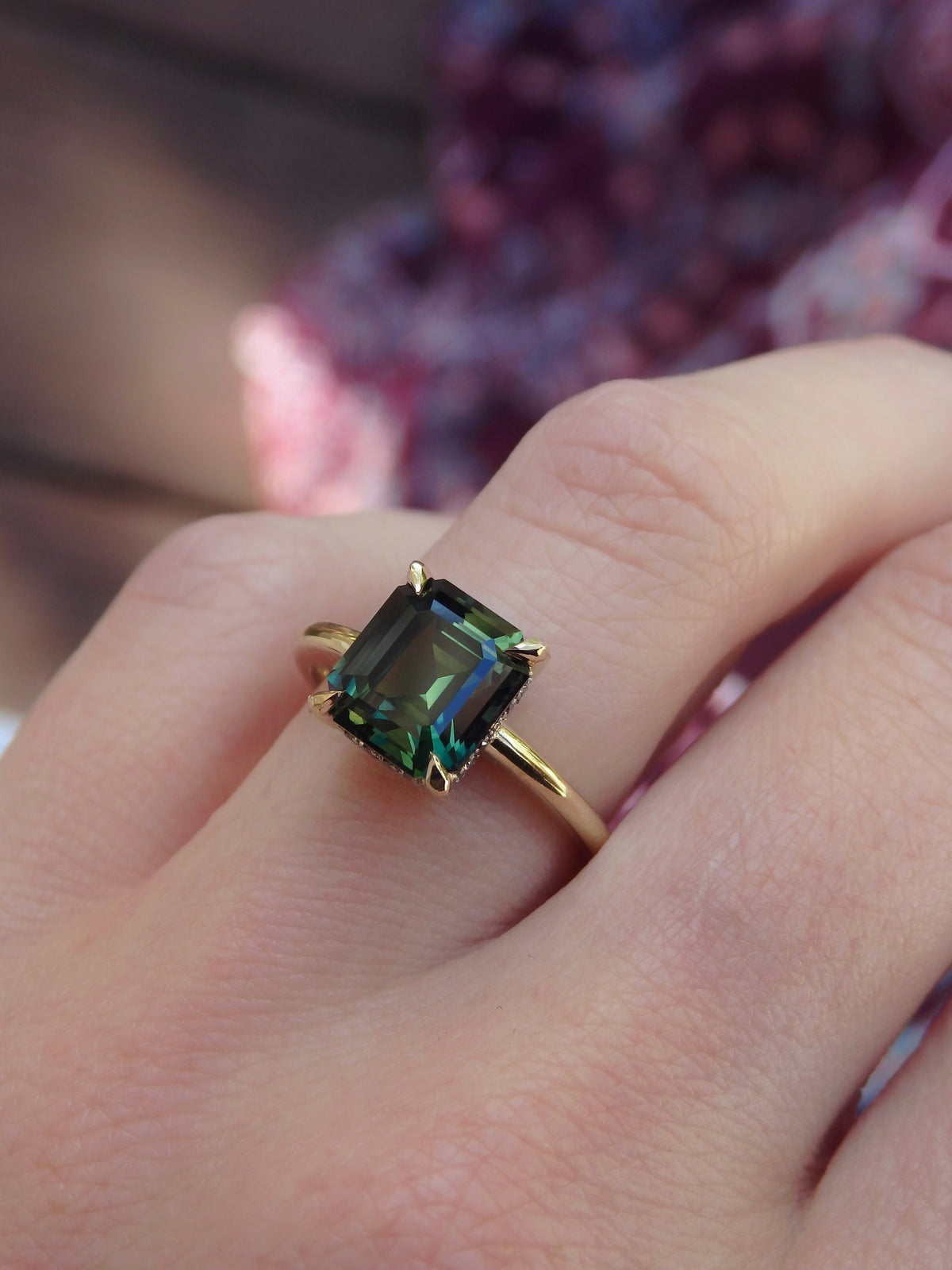 “Eris” 3.53ct Emerald Cut Green Australian Sapphire Hidden Halo Engagement Ring