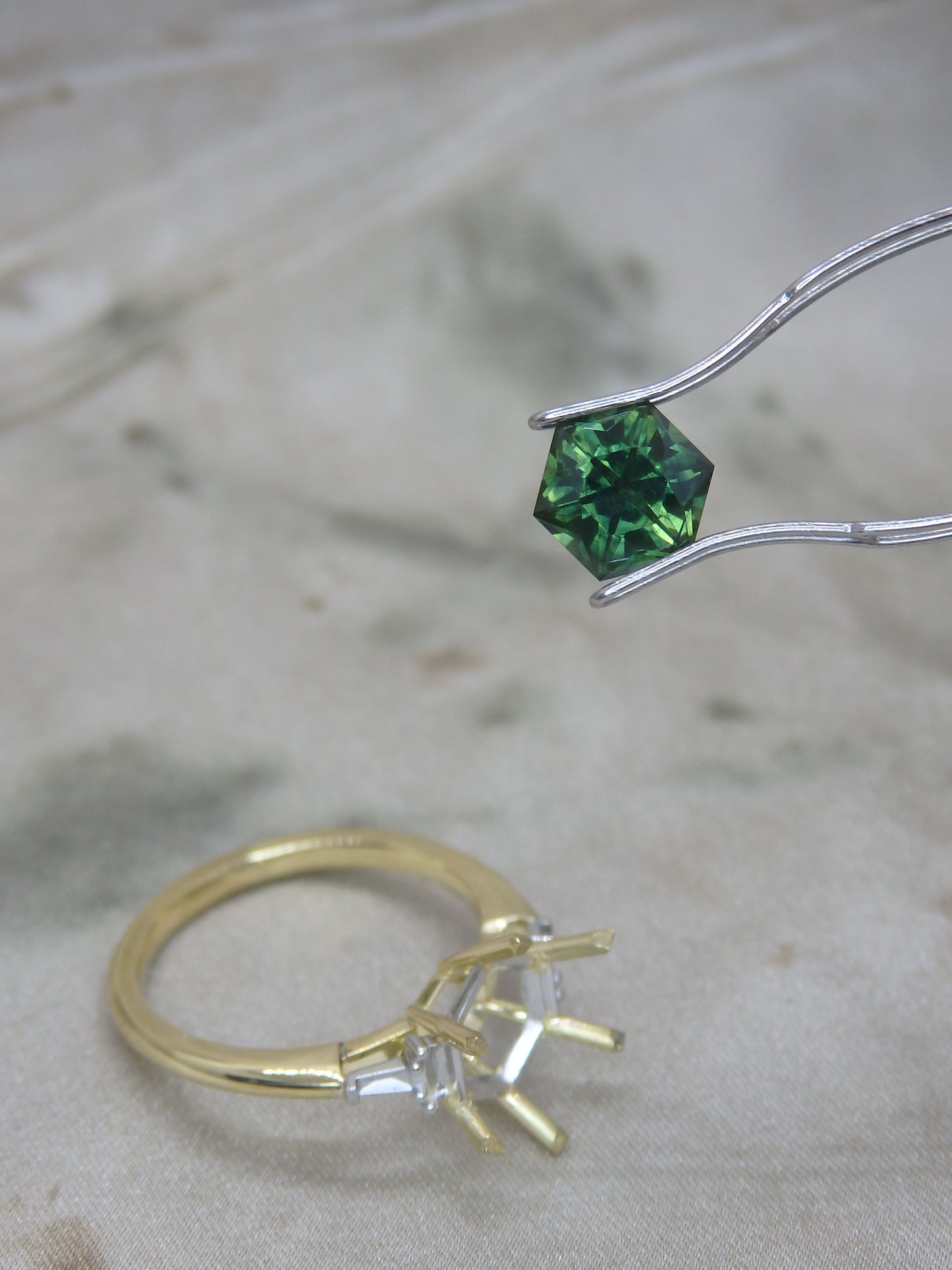 “Detritus” Green Hexagon Australian Sapphire & Argyle Baguette Diamond Engagement Ring
