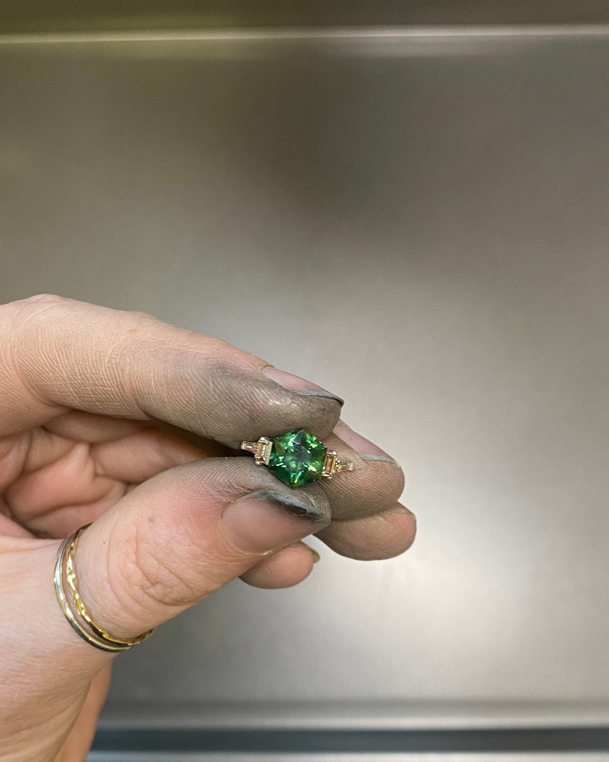“Detritus” Green Hexagon Australian Sapphire &amp; Argyle Baguette Diamond Engagement Ring