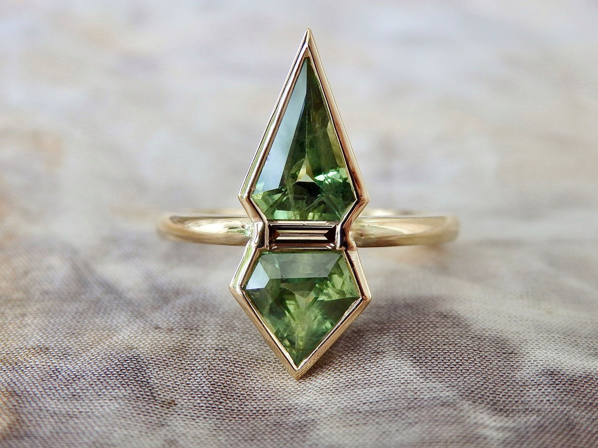 Pentagon Trio, Green Sapphire and Argyle Baguette Diamond Engagement or Dress Ring