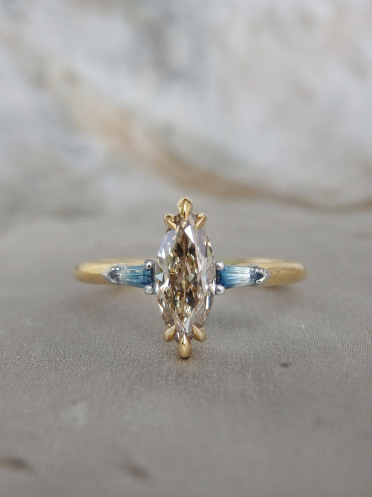 Driftwood 1 - “Cellito” Argyle Marquise Champagne Diamond & Ombré Australian Parti Sapphire Trilogy Engagement Ring