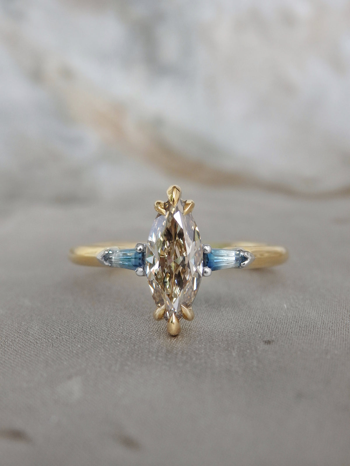 Driftwood 1 - “Cellito” Argyle Marquise Champagne Diamond &amp; Ombré Australian Parti Sapphire Trilogy Engagement Ring
