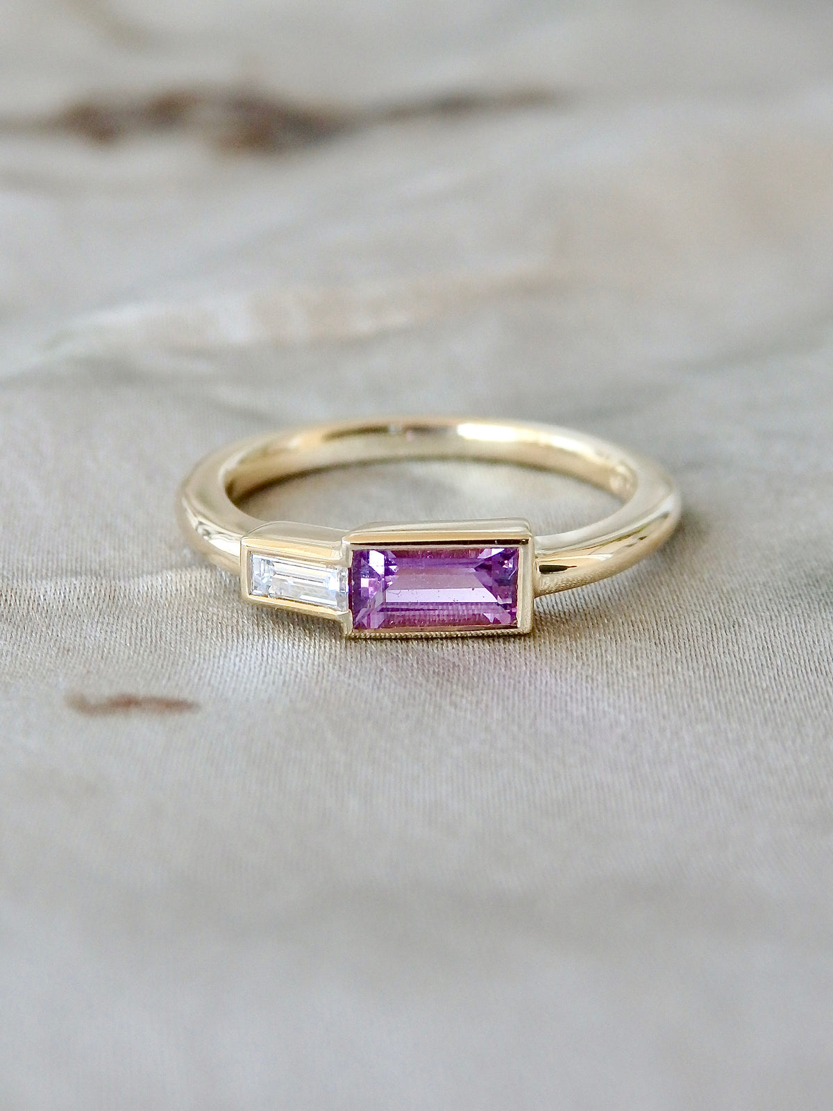 Pink Sapphire &amp; White Diamond Baguette “Duet” Toi Et Moi Engagement or Wedding Ring