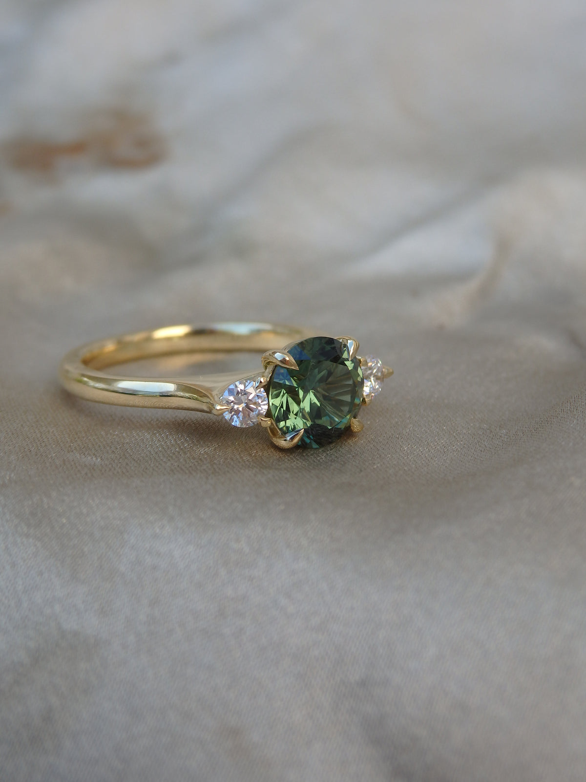 1.49ct Unheated Precision Cut Green Australian Sapphire and Diamond Trilogy Engagement Ring
