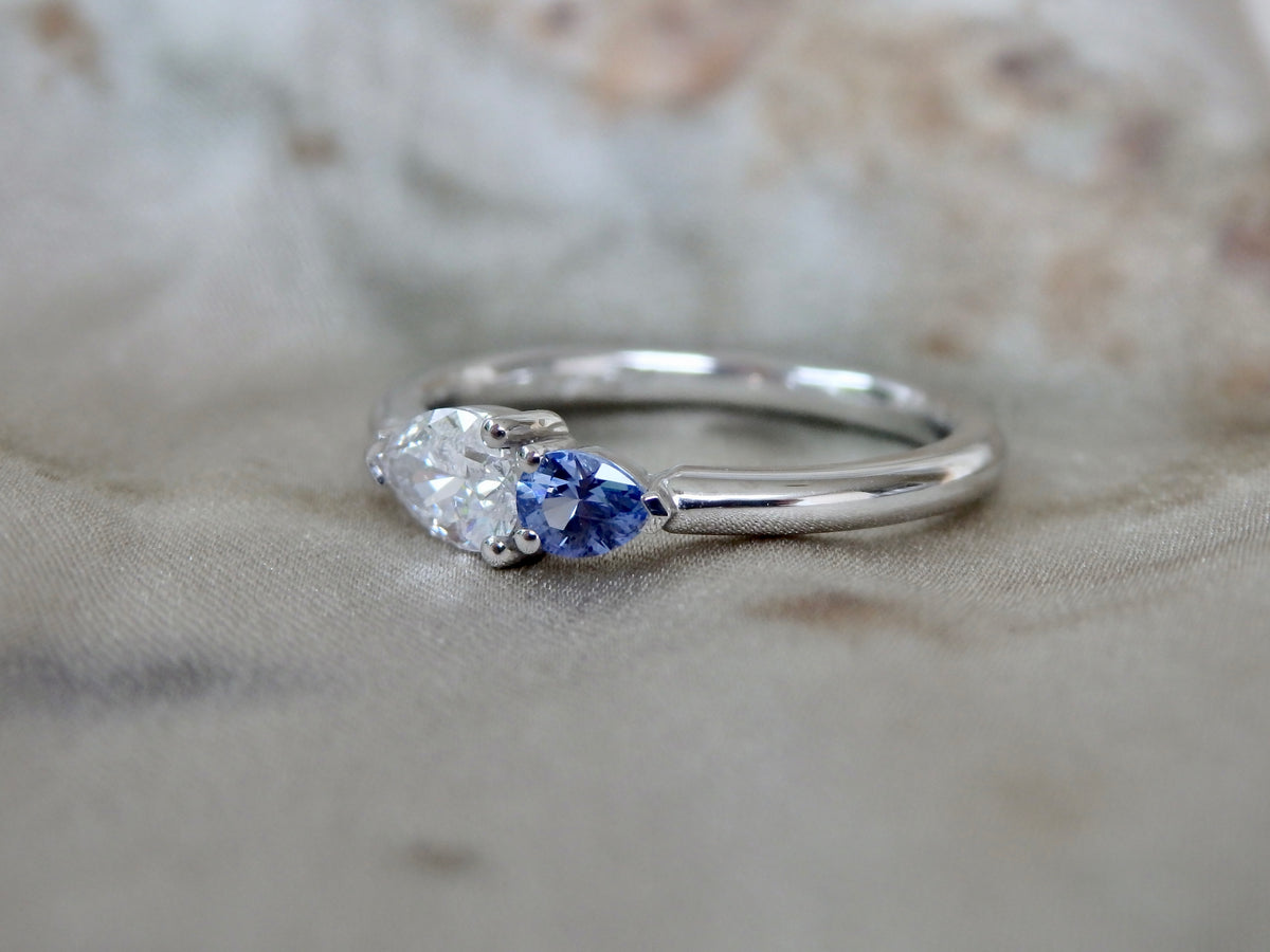 Platinum Pear “Duet”, 0.40ct EVS1 Diamond &amp; Ceylon Sapphire Engagement Ring